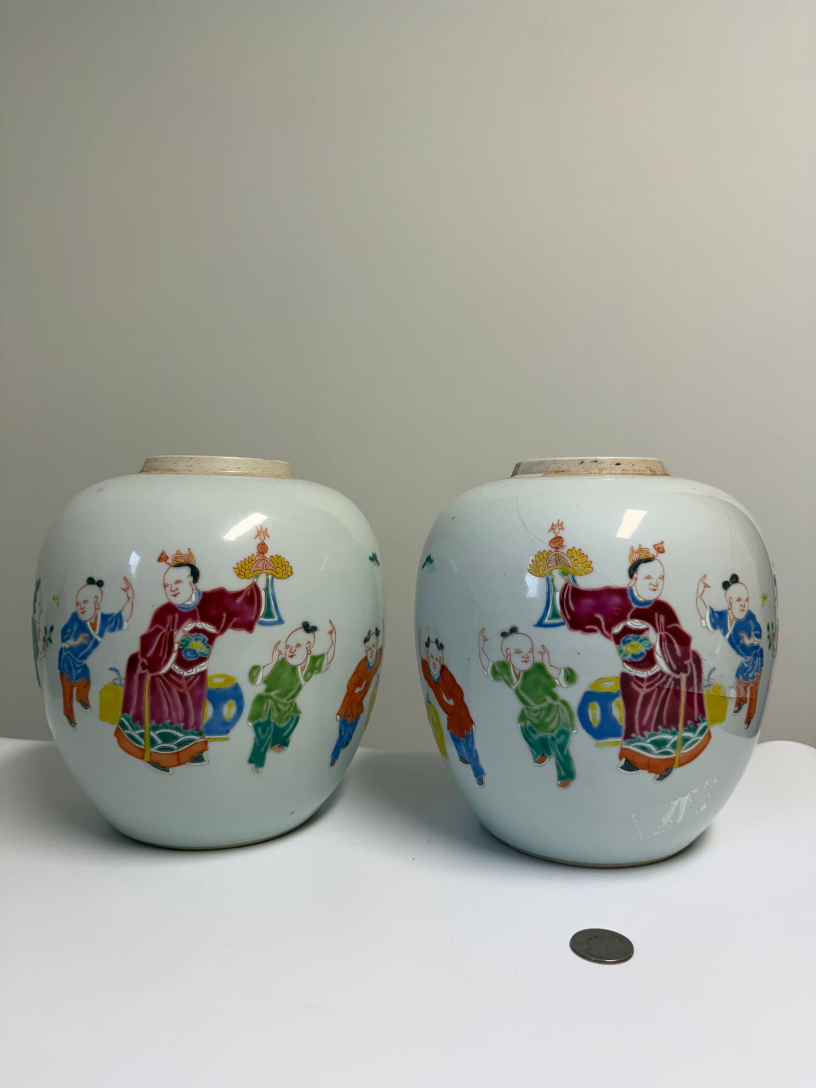 Pair Of Chinese Antique Famille Rose Porcelain Vases Figures Scene Jars: Dimension: 8 inches/ 20.2 cm, please note Due to manual measurement, dimensions may vary. Condition: Good used condition, drilled one is good another one has repaired, please note buyers are obligated