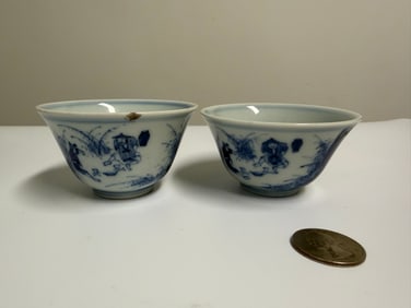 Chinese Blue And White Porcelain Scene Cups