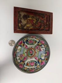 Chinese Wooden Panel And Famille Rose Porcelain Plate