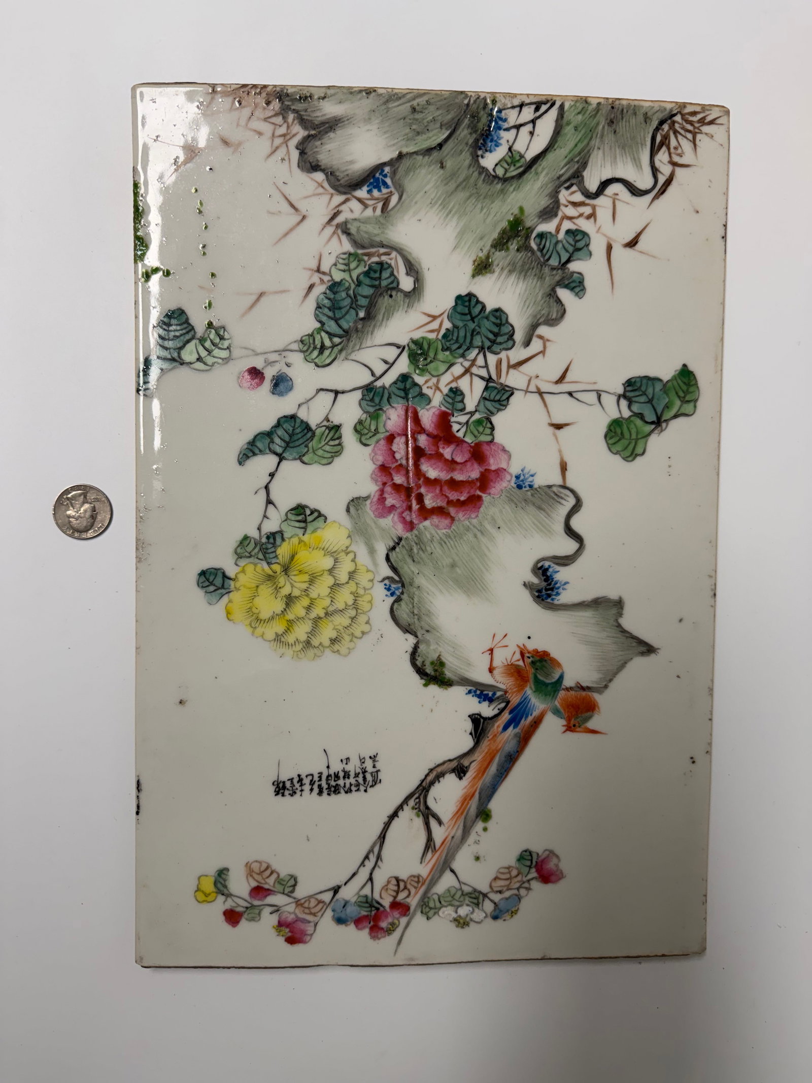 Chinese Enameled Famille Rose Porcelain Plaque: Dimension: 15X10 inches/ 38.2X25.6 cm, please note Due to manual measurement, dimensions may vary. Condition: Good used condition, please note buyers are obligated to come to the site to inspect the c