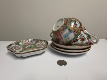 Set Of 5 Chinese Famille Rose Saucer And 3 Cups