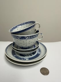 Set Of 6 PCS Blue And White Porcelain Cups And Dish