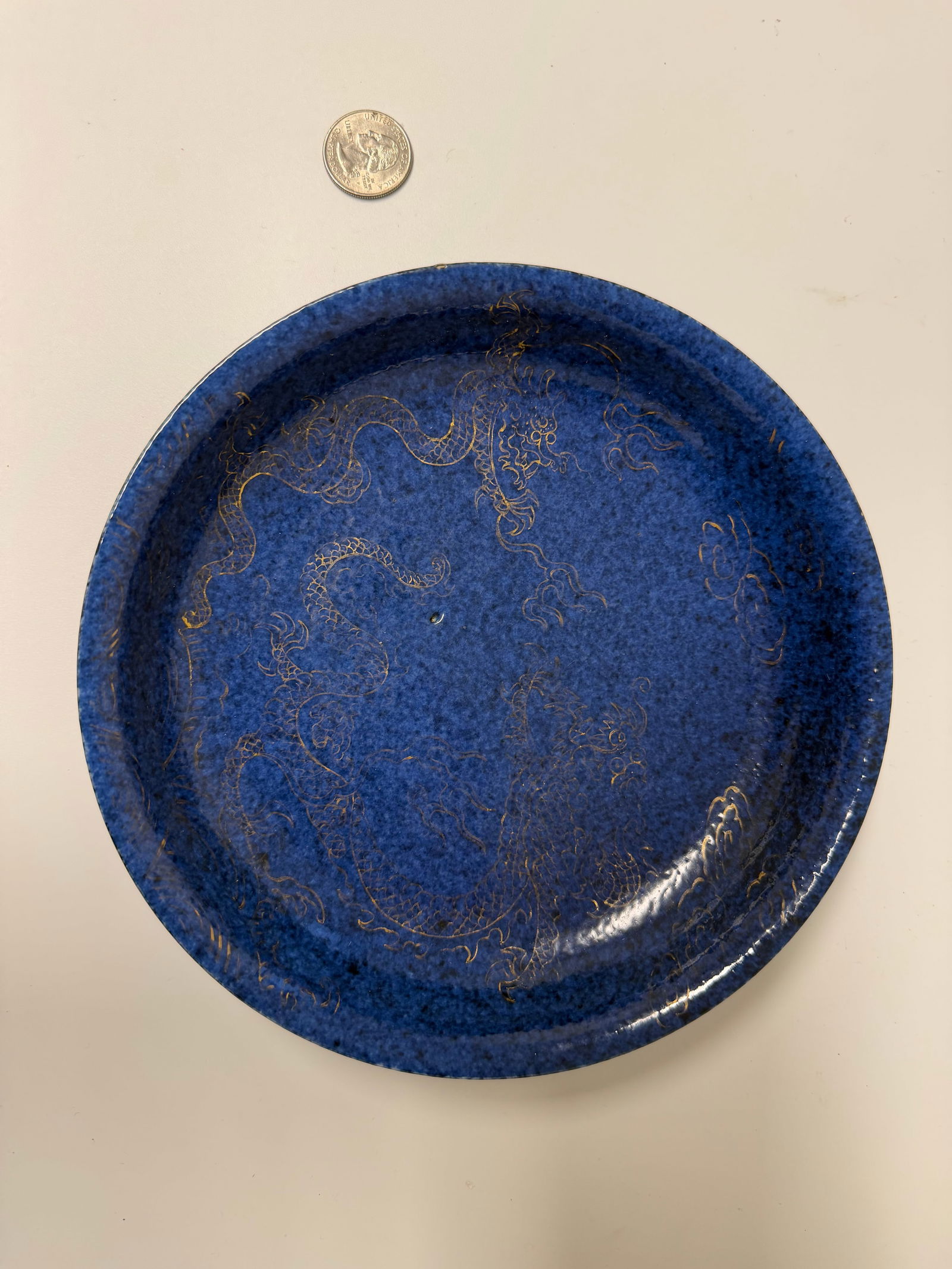 Chinese Blue Glazed Guilded Dragons Plate: Dimension: 7.6 inches/ 19.2 cm, please note Due to manual measurement, dimensions may vary. Condition: Good used condition, please note buyers are obligated to come to the site to inspect the conditio