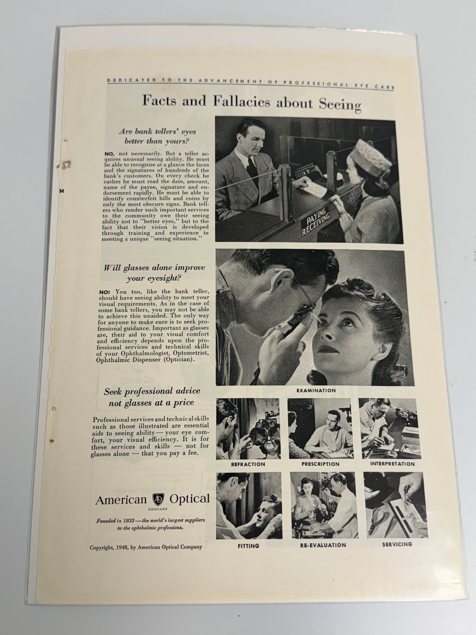 Vintage American Optical Ad: Dimension: / , please note Due to manual measurement, dimensions may vary. Condition: Good used condition, please note buyers are obligated to come to the site to inspect the condition and details of