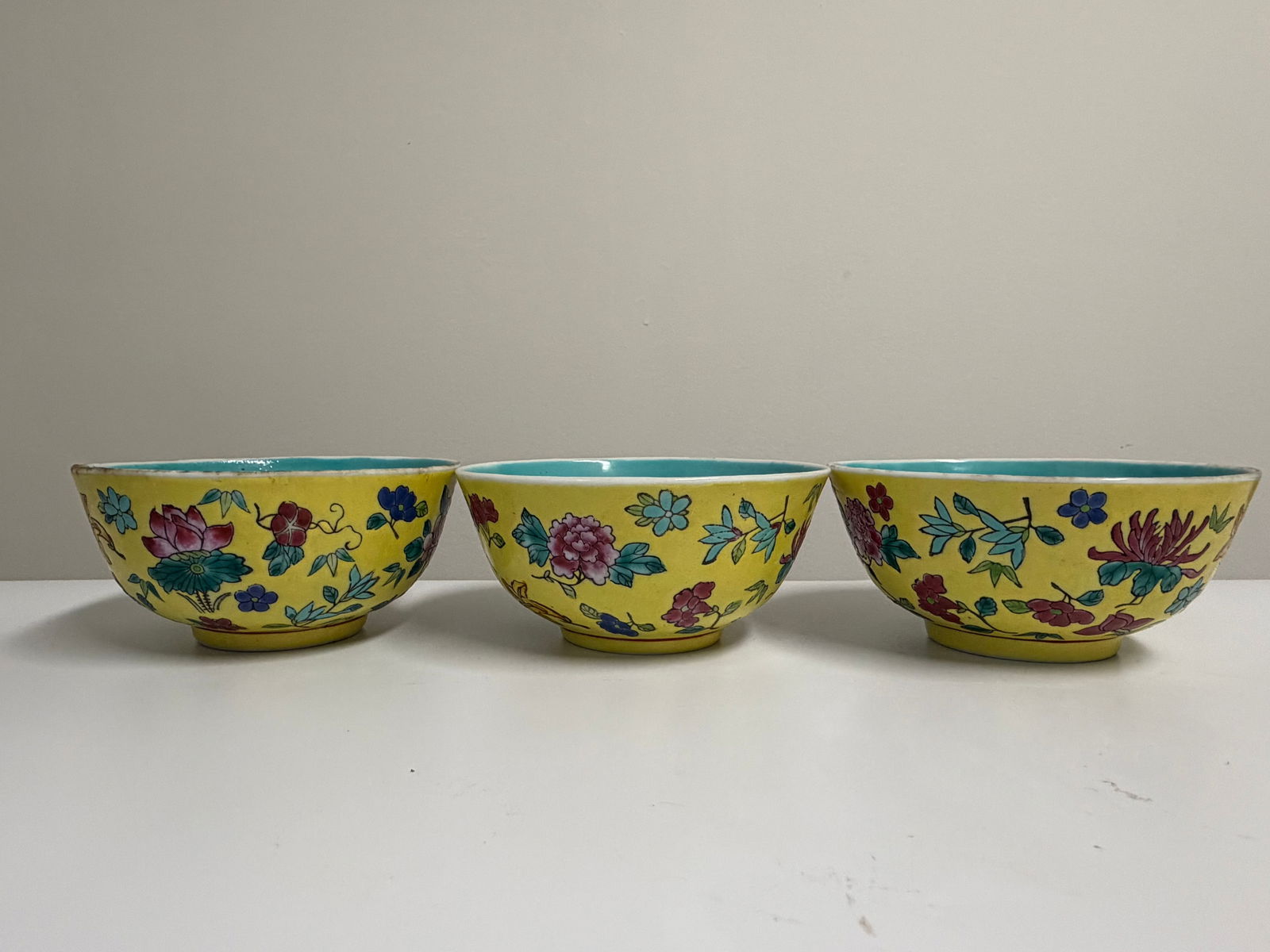Set of 3 Chinese Yellow Glazed Famille Rose Porcelain Bowls: Dimension: width 4.6 inch/11.1 cm , please note Due to manual measurement, dimensions may vary. Condition: Good used condition, please note buyers are obligated to come to the site to inspect the