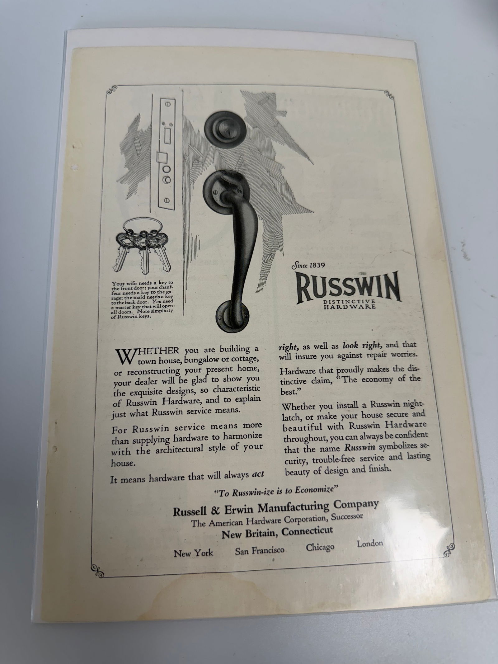 Vintage Russwin ad: Dimension: / , please note Due to manual measurement, dimensions may vary. Condition: Good used condition, please note buyers are obligated to come to the site to inspect the condition and details of