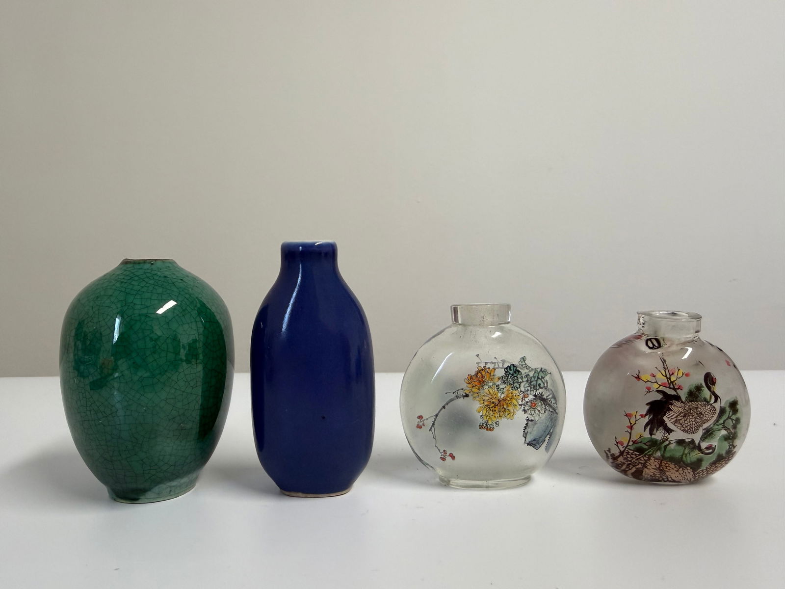 Set Of 4 Chinese Glazed & Glass Porcelain Snuff Bottles (1 of 6)
