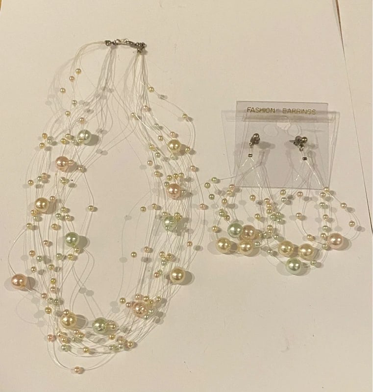 Vintage Pearl Illusion Necklace & Earring Set: Dimension: / , please note Due to manual measurement, dimensions may vary. Condition: Good used condition, please note buyers are obligated to come to the site to inspect the condition and details of