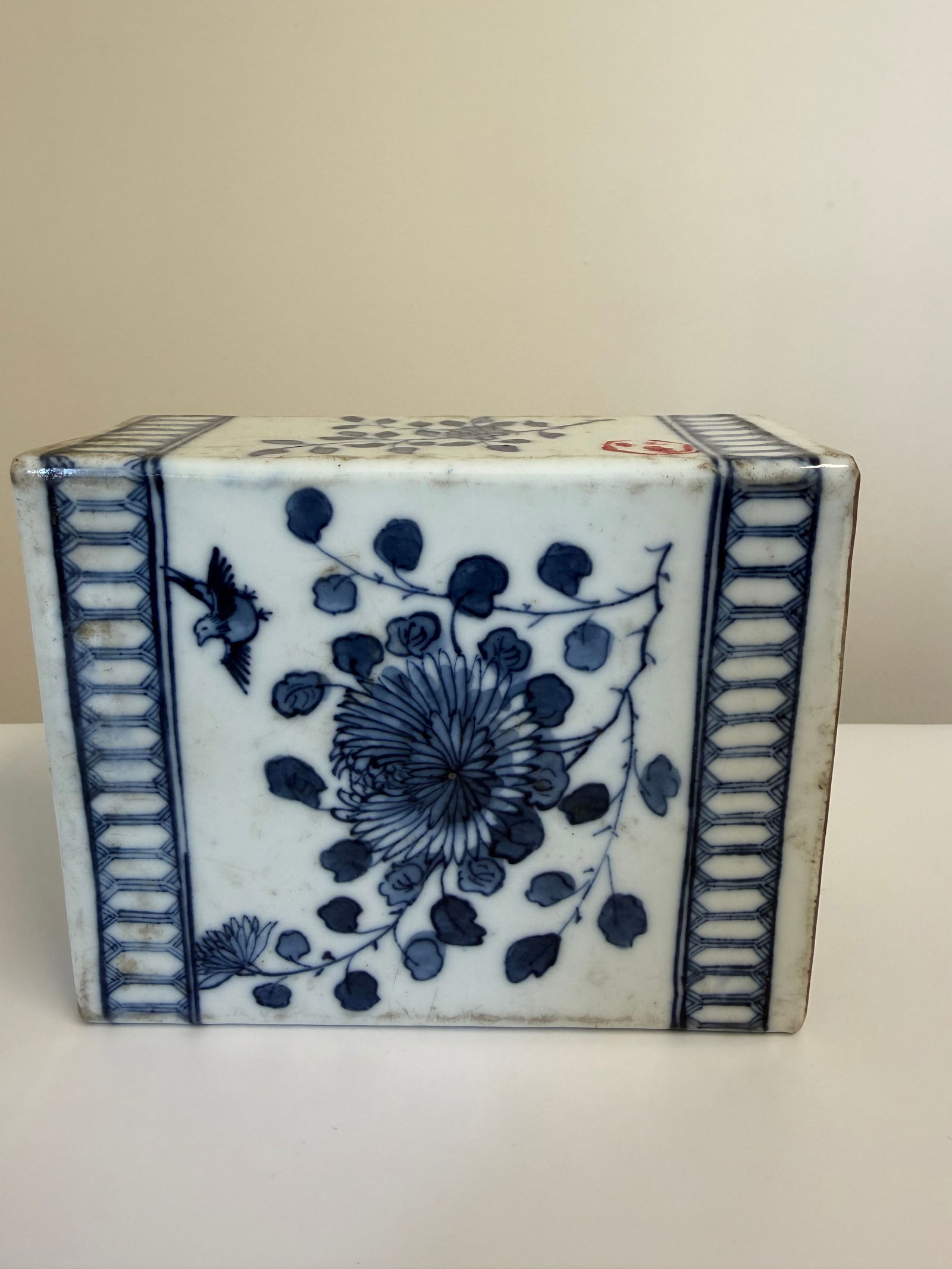 Chinese blue and white square pillow: Dimension: 4.6x5.8 inch / 11.8x14.9 cm , please note Due to manual measurement, dimensions may vary. Condition: Good used condition, please note buyers are obligated to come to the site to inspect