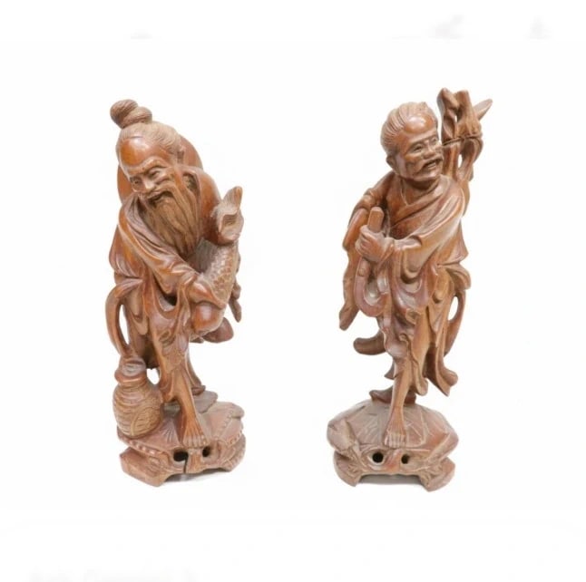 Pair of Antique Chinese Hand-Carved Fisherman Figures (1 of 1)
