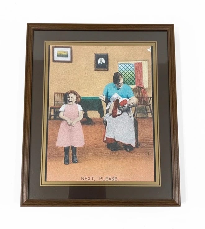 Vintage Humorous Framed Print "Next, Please": Dimension: 10x7 inches , please note Due to manual measurement, dimensions may vary. Condition: Good used condition, please note buyers are obligated to come to the site to inspect the condition and d