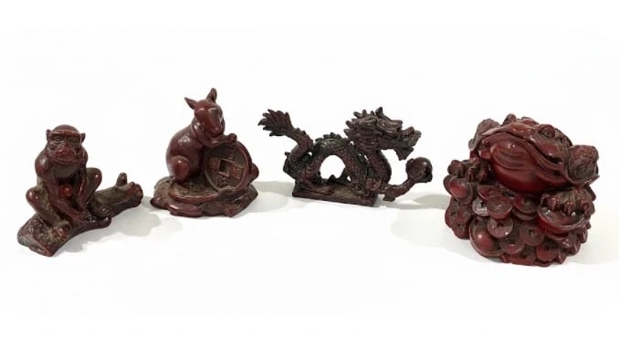 Set of 4 Chinese Red Resin Figurines: Dimension: 3 inch / 7.6 cm , please note Due to manual measurement, dimensions may vary. Condition: Good used condition, please note buyers are obligated to come to the site to inspect the condition