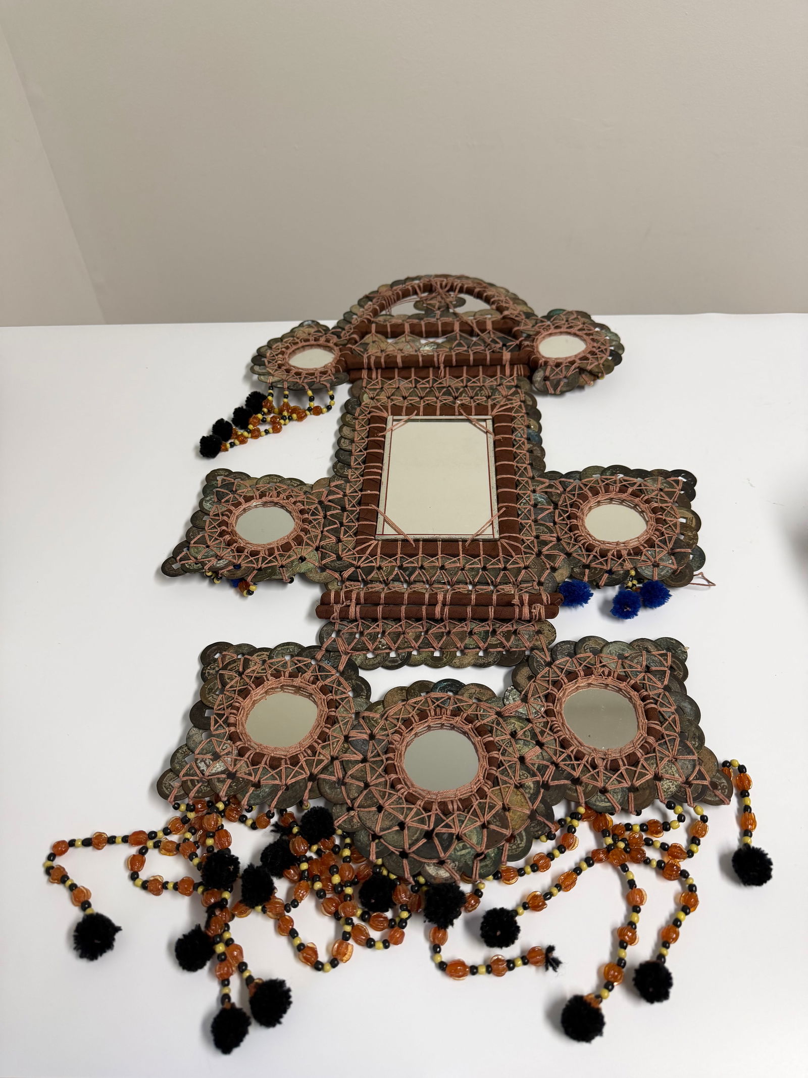 Chinese antique copper coins Mirror: Dimension: Length 23.6 inch / 60 cm , please note Due to manual measurement, dimensions may vary. Condition: Good used condition, please note buyers are obligated to come to the site to inspect the