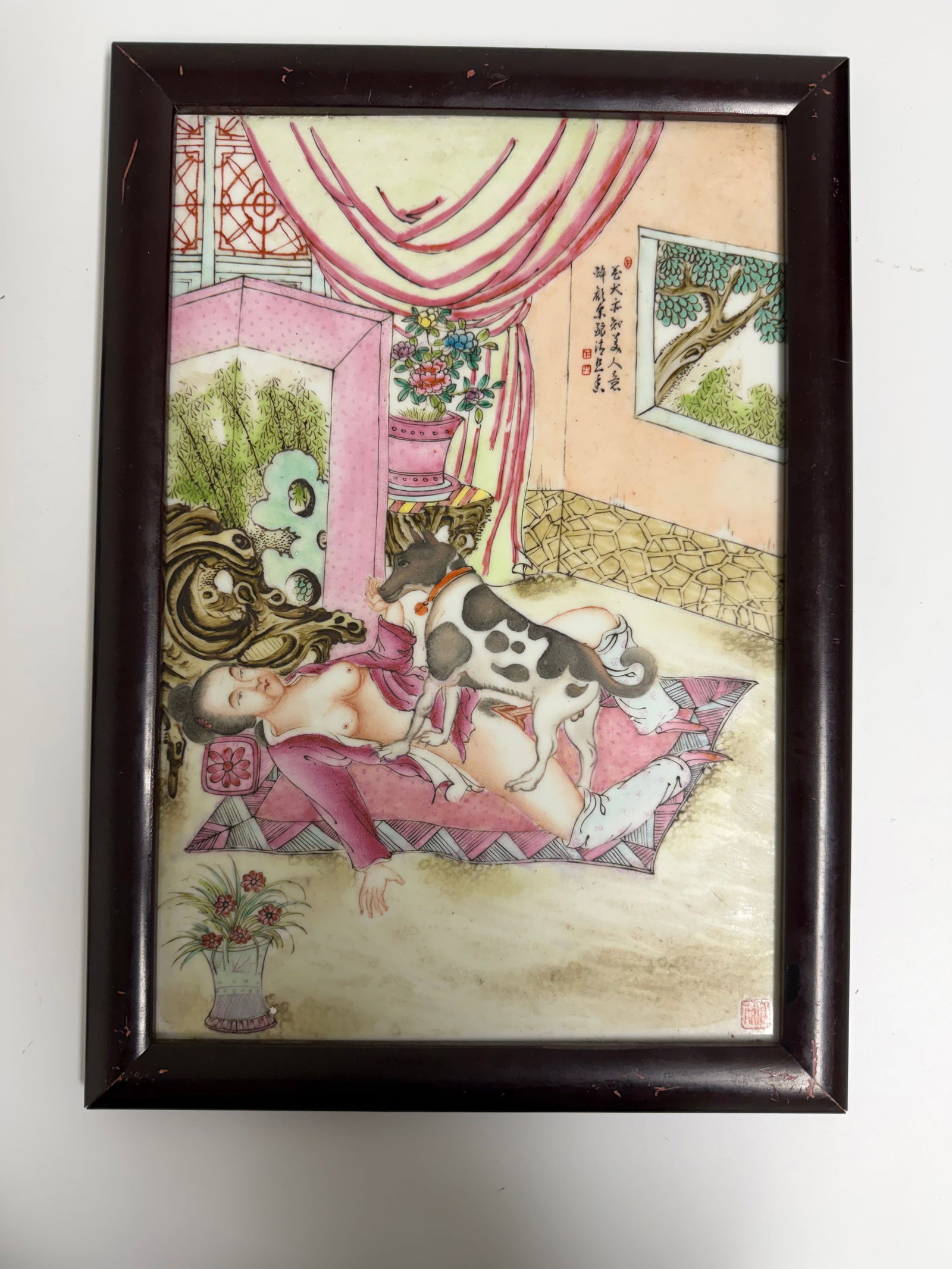 Chinese enameled famille rose lady porcelain plaque framed China characters mark: Dimension: 16.3x11.5 inch / 41.4x 29.2 cm , please note Due to manual measurement, dimensions may vary. Condition: Good used condition, please note buyers are obligated to come to the site to