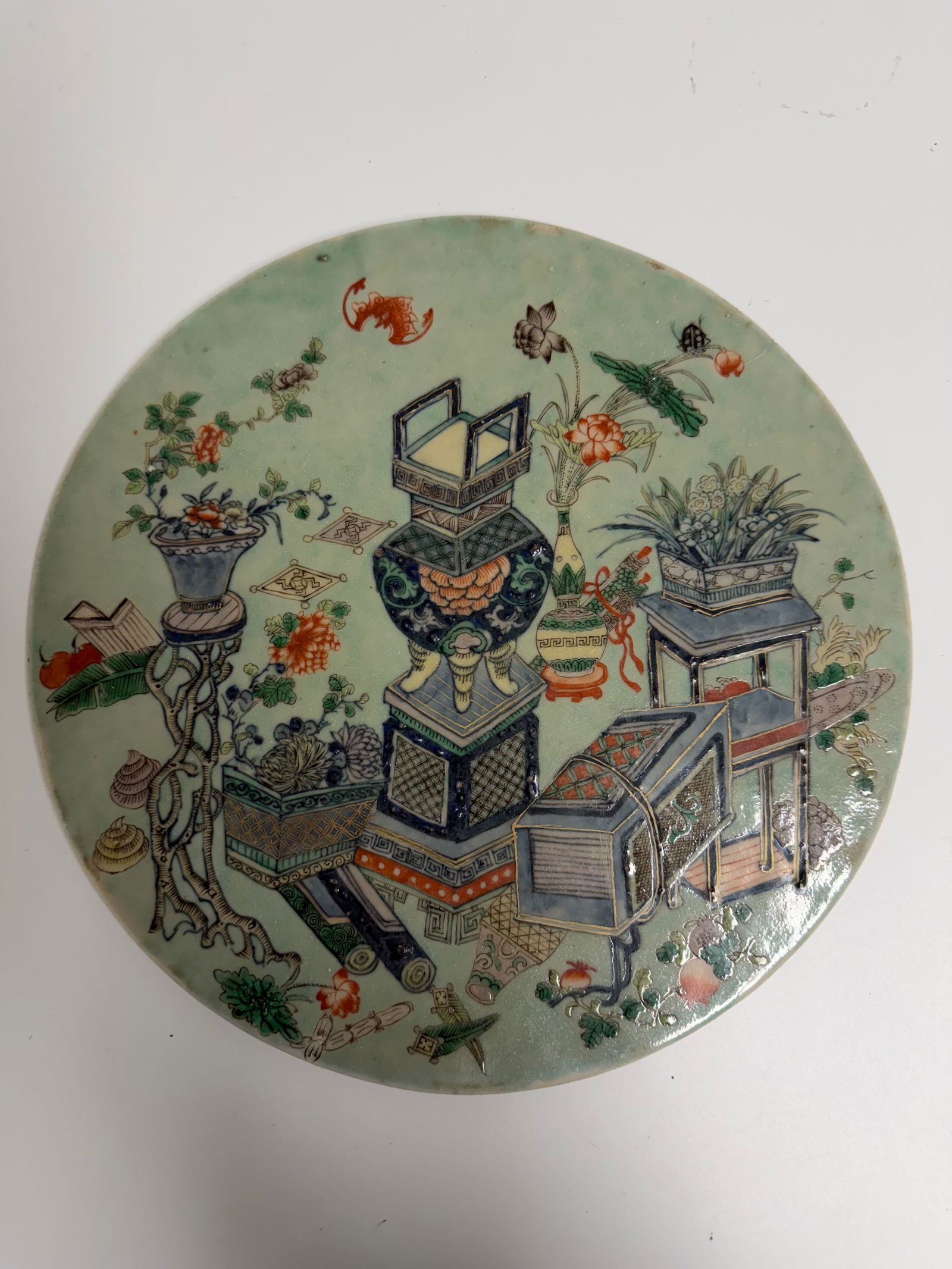 Chinese enameled famille rose & blue and white porcelain ground plaque: Dimension: 11.3 inch / 28.8 cm , please note Due to manual measurement, dimensions may vary. Condition: Good used condition, please note buyers are obligated to come to the site to inspect the