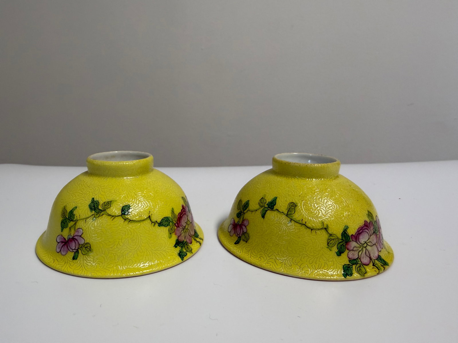 Pair Of Chinese Enameled famille rose yellow glazed flowers porcelain China cups: Dimension: width 2.9 inches/ 7.3 cm. , please note Due to manual measurement, dimensions may vary. Condition: Good used condition, please note buyers are obligated to come to the site to inspect the c