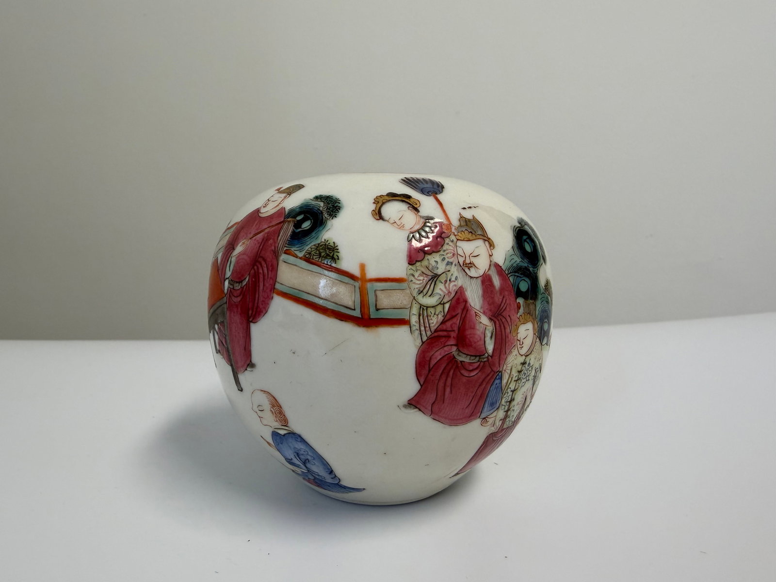 Chinese Enameled famille rose figures scene porcelain China water pot: Dimension: 3.3 inches/ 8.5 cm. , please note Due to manual measurement, dimensions may vary. Condition: Good used condition, please note buyers are obligated to come to the site to inspect the conditi