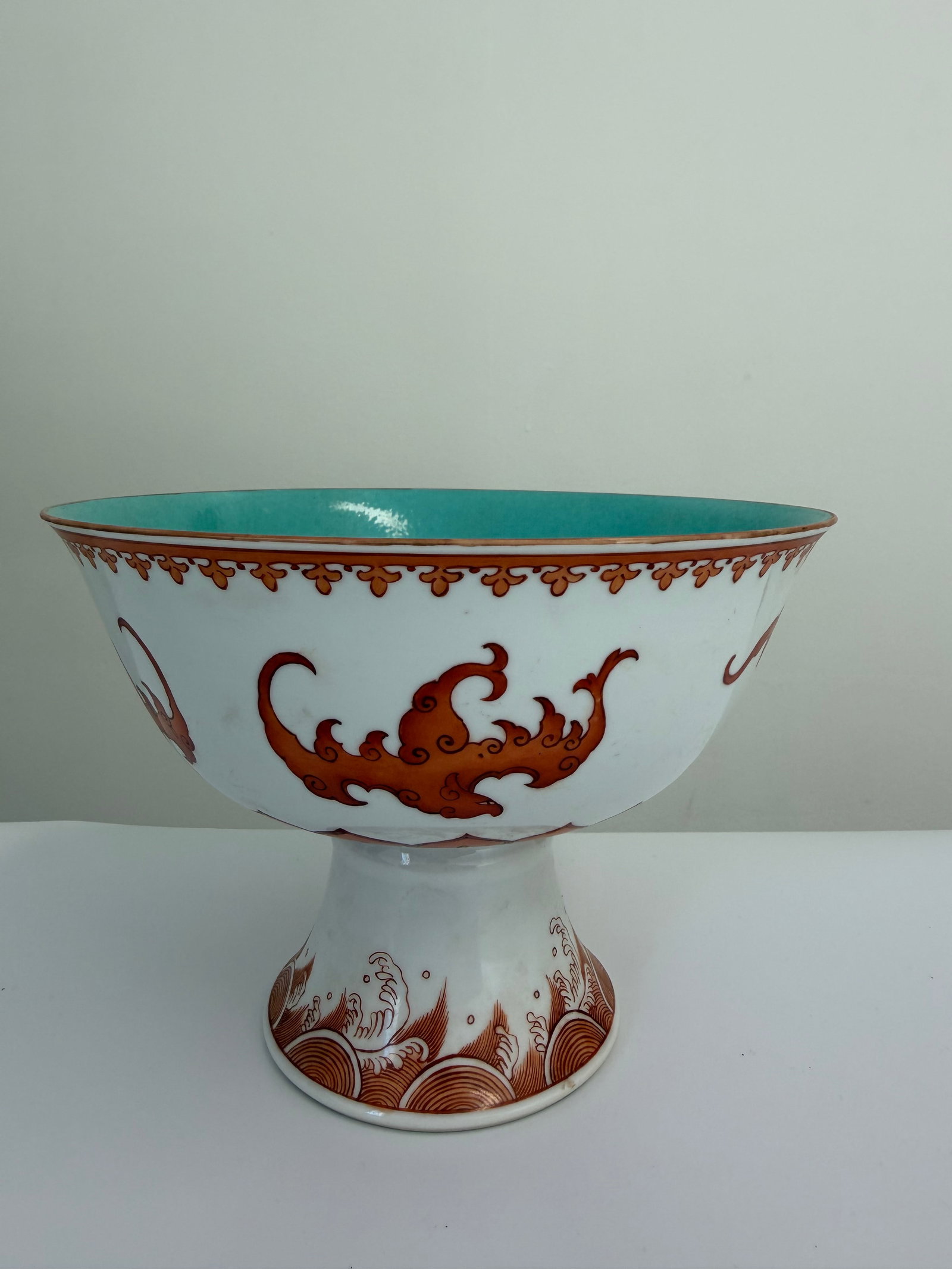Chinese Enameled famille rose red bats porcelain China high holder bowl: Dimension: width 7.3 inches/ 18.5 cm. , please note Due to manual measurement, dimensions may vary. Condition: Good used condition, please note buyers are obligated to come to the site to inspect the 