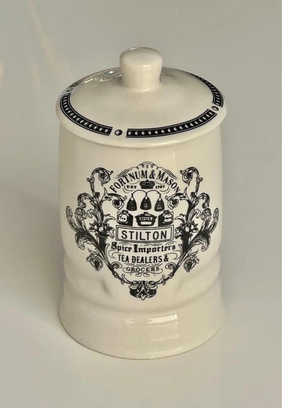 Fortnum & Mason Stilton Storage Jar with Lid: Dimension: 5 inches. , please note Due to manual measurement, dimensions may vary. Condition: Good used condition, please note buyers are obligated to come to the site to inspect the condition and det