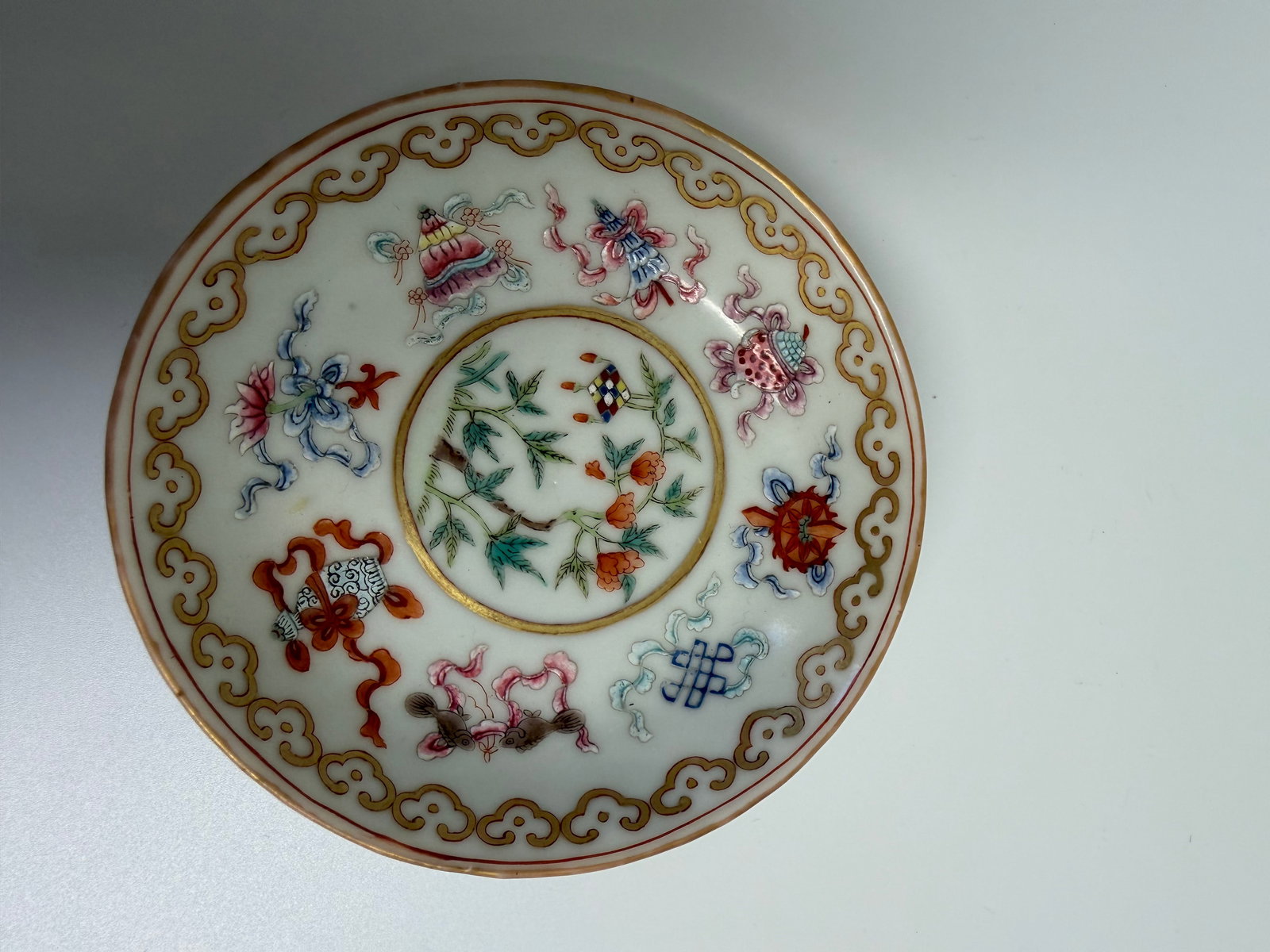 Chinese Enameled famille rose Buddhist Motifs porcelain China saucer mark: Dimension: width 3.9 inches/ 9.8 cm. , please note Due to manual measurement, dimensions may vary. Condition: Good used condition, please note buyers are obligated to come to the site to inspect the c