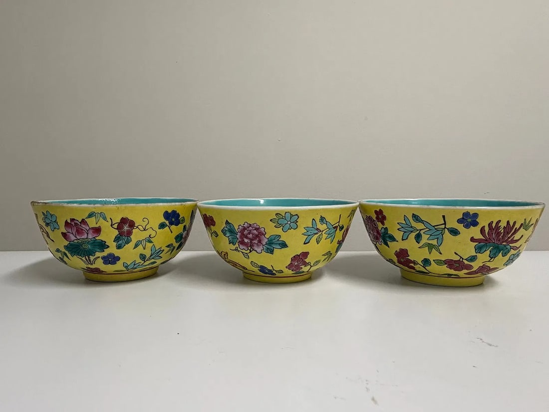 Set of 3 Chinese Yellow Glazed Famille Rose Porcelain Bowls (1 of 4)