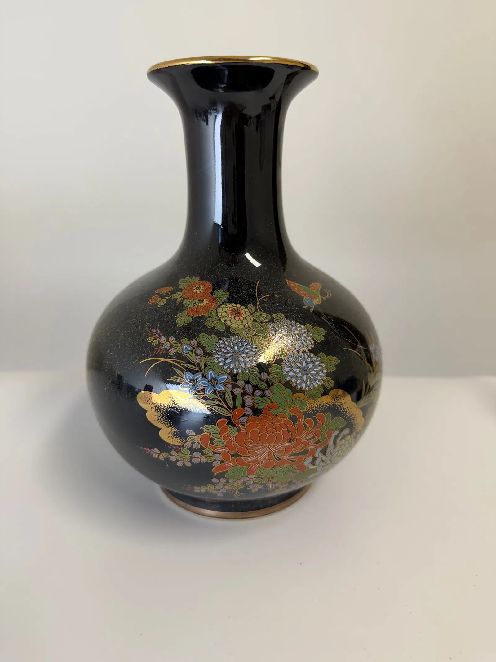 Black Glazed Gilded Porcelain Vase (1 of 2)
