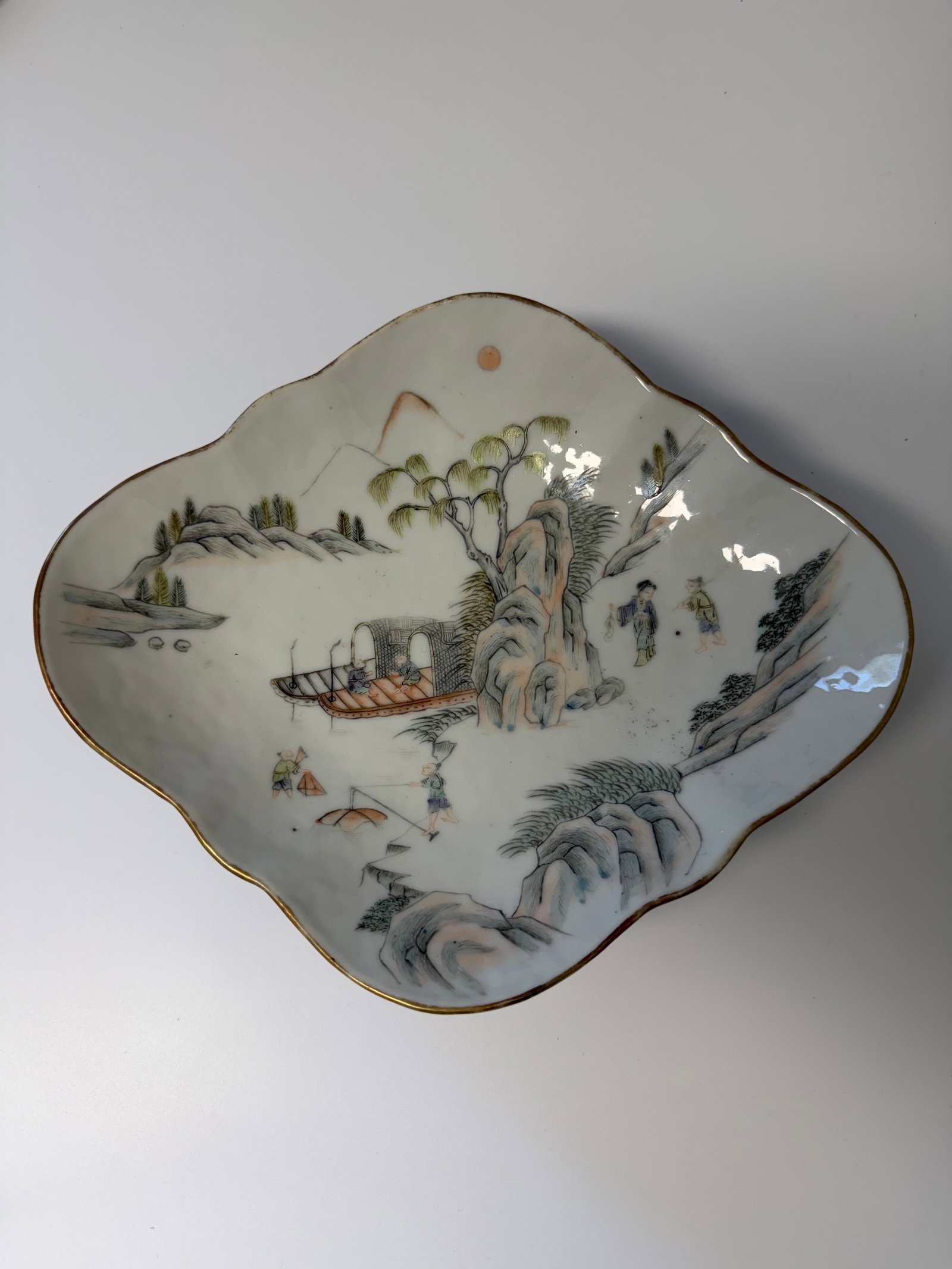 Chinese Enameled famille scholar porcelain China bowl: Dimension: length 10.2 inches/ 26 cm. , please note Due to manual measurement, dimensions may vary. Condition: Good used condition, please note buyers are obligated to come to the site to inspect the 