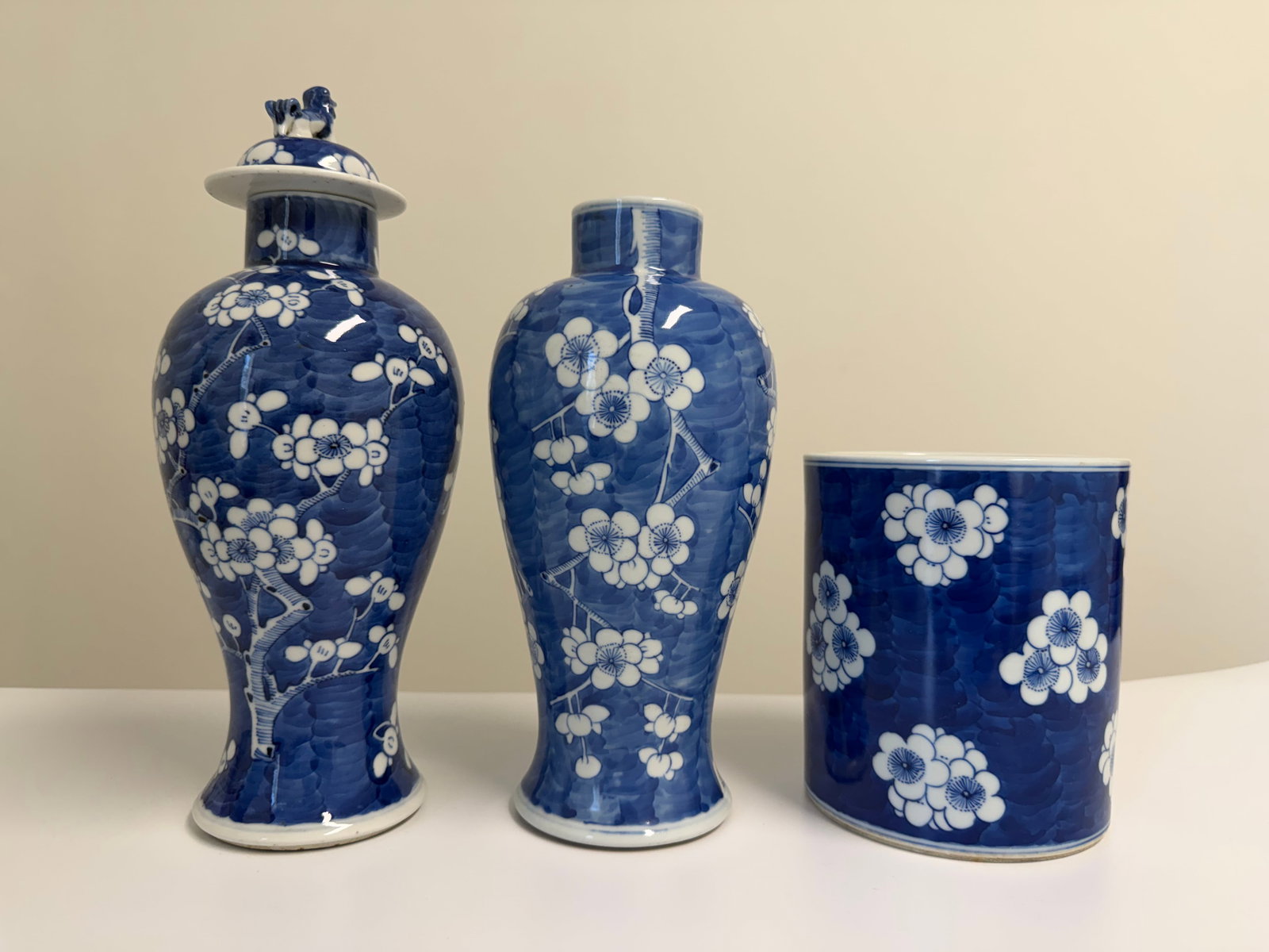 Set of 3 Chinese blue and white plum bossom porcelain China vases: Dimension: high 9.1 inches/ 23.2 cm, please note Due to manual measurement, dimensions may vary. Condition: Good used condition, please note buyers are obligated to come to the site to inspect the con