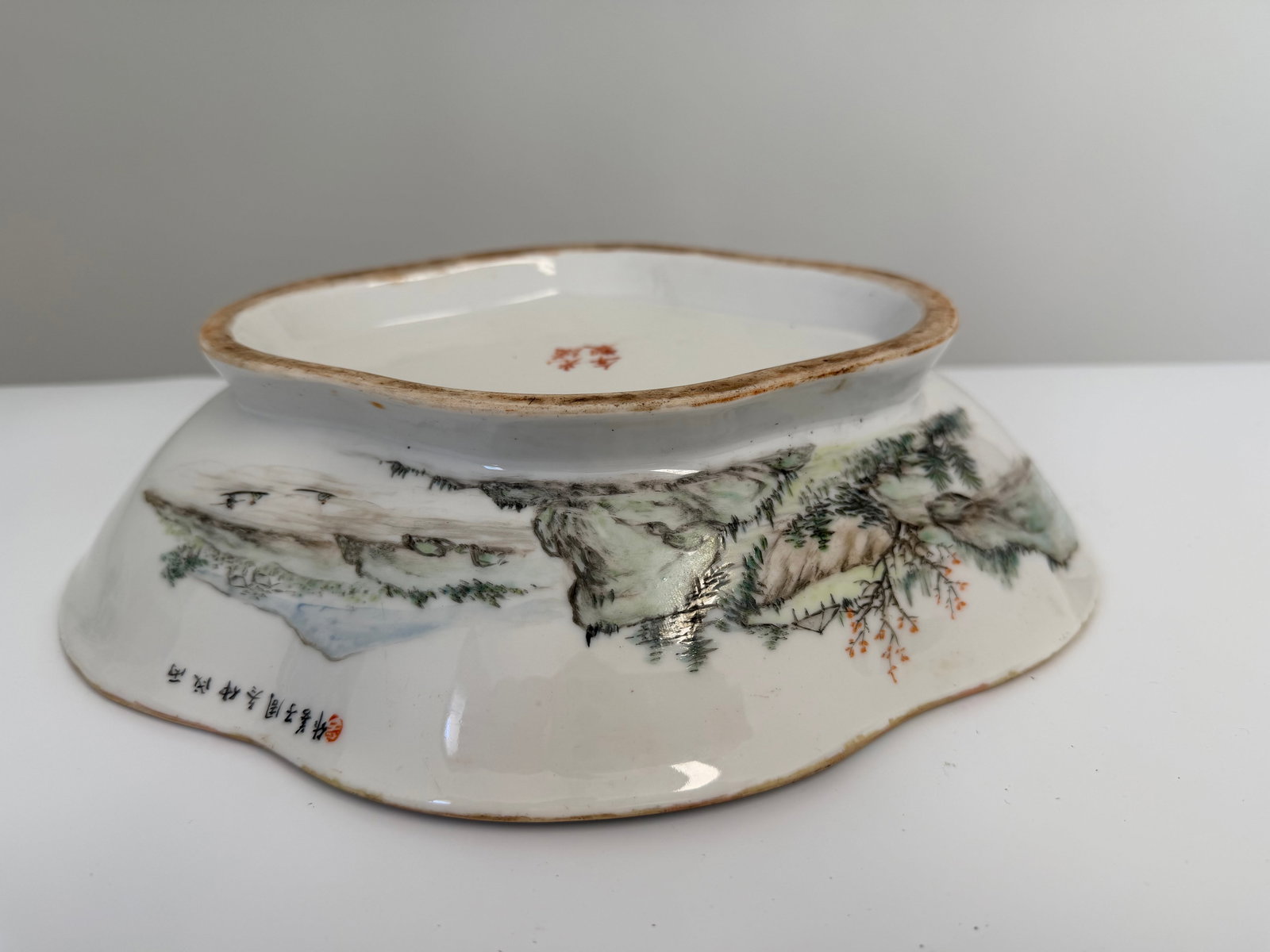 Chinese Enameled famille rose landscape porcelain China scholar foot plate mark: Dimension: width 10.2 inches/ 26.1 cm, please note Due to manual measurement, dimensions may vary. Condition: Good used condition, please note buyers are obligated to come to the site to inspect the