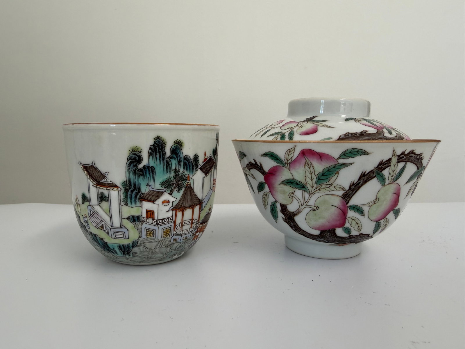 Set of 2 Chinese Enameled famille rose landscape and peach porcelain China tea bowl (1 of 10)