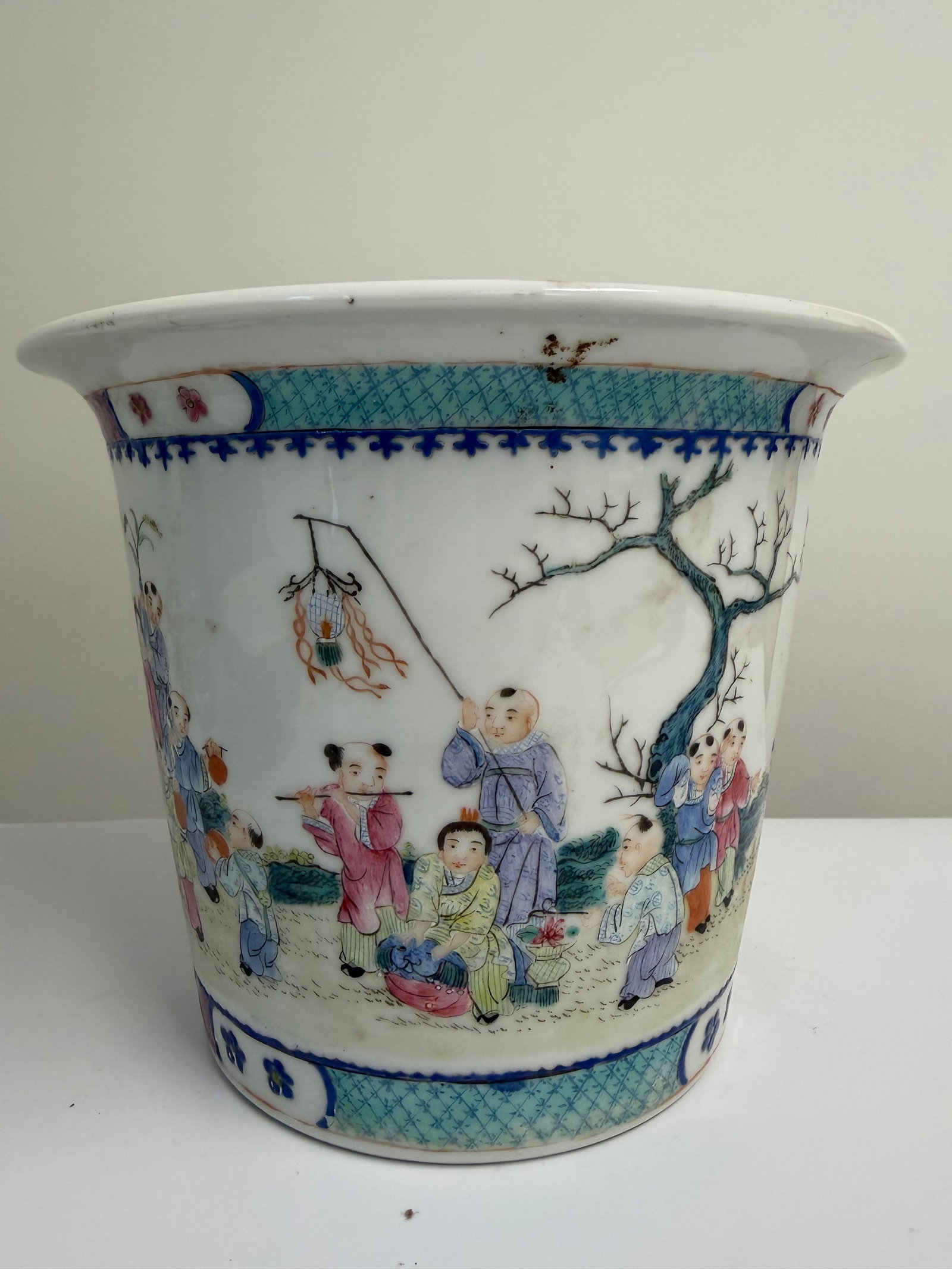 Chinese Enameled famille rose scene party porcelain China flowers pot red characters mark: Dimension: width 8.6 inches/ 22 cm, please note Due to manual measurement, dimensions may vary. Condition: Good used condition, please note buyers are obligated to come to the site to inspect the cond