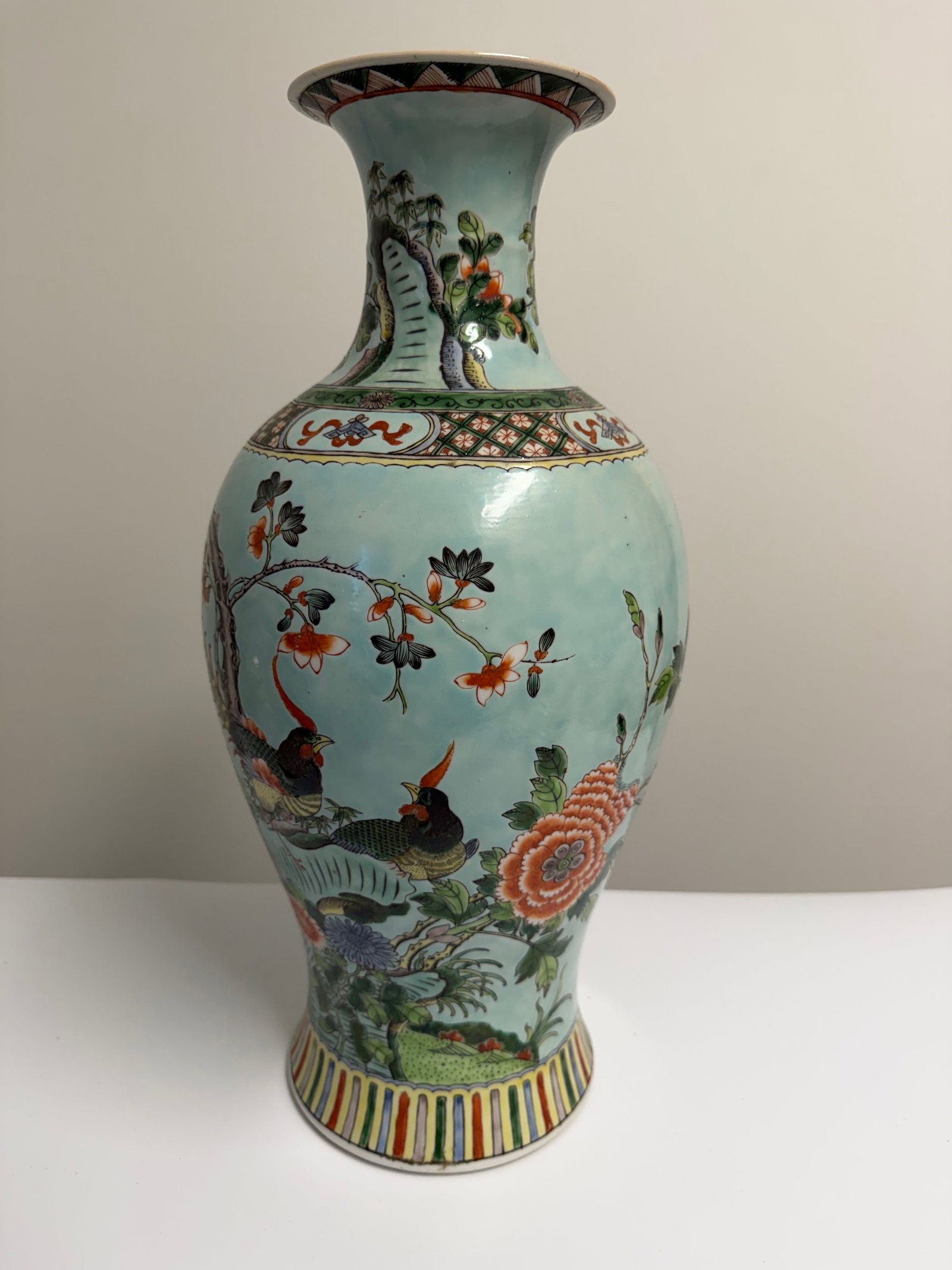 Large Chinese Enameled famille rose birds and garden porcelain China vase mark (1 of 9)