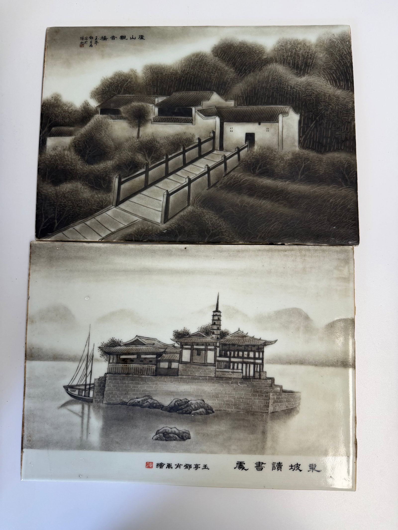 Set of 2 Chinese black and white building and garden porcelain China plaques mark (1 of 10)