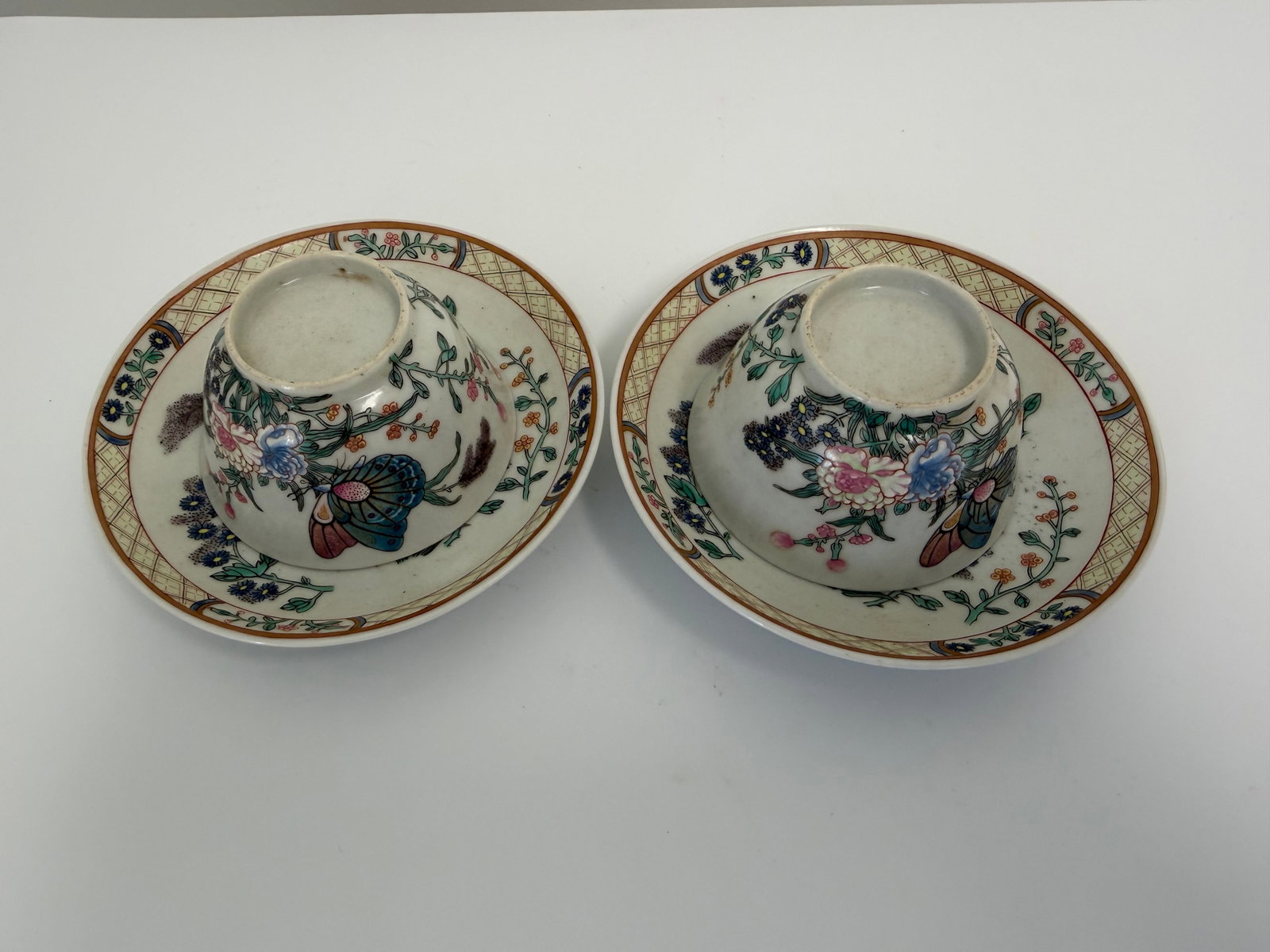 Pair Of Chinese Export Enameled famille rose Butterfly & flowers porcelain saucers and cups (1 of 11)