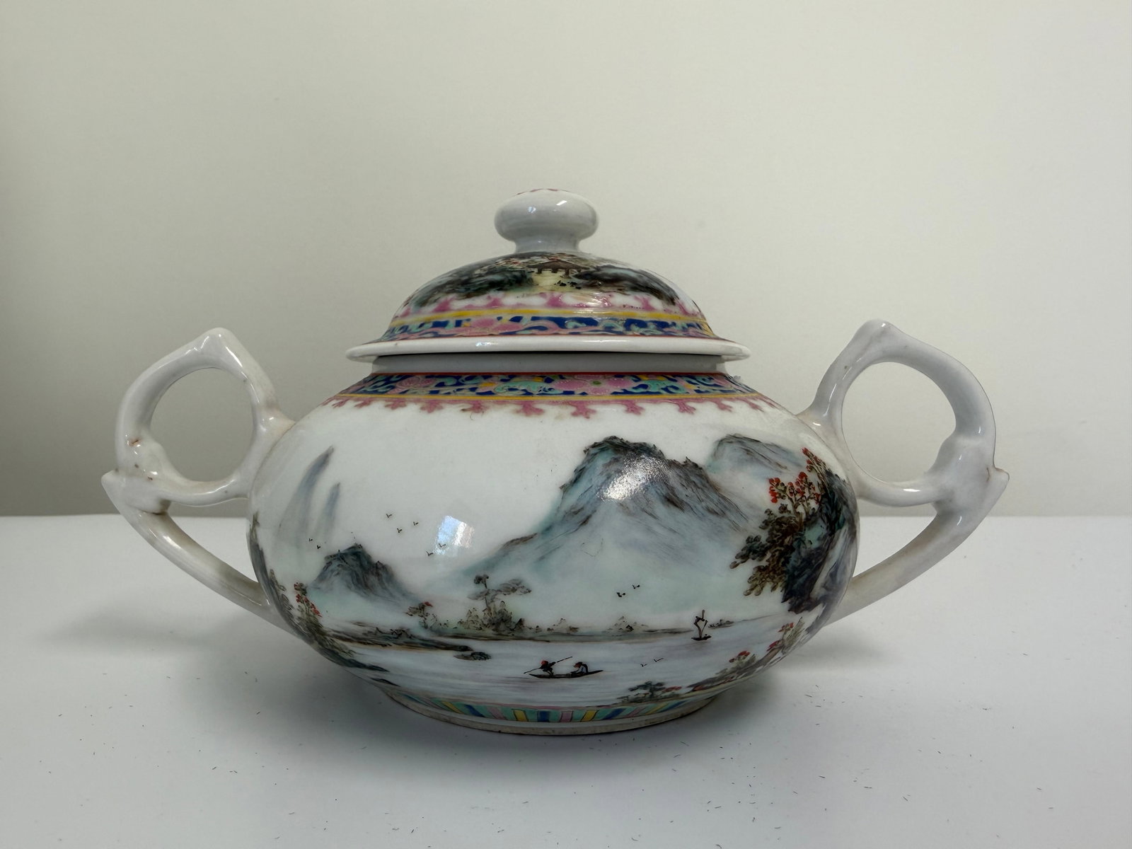 Chinese Enameled famille rose landscape porcelain China candy pot: Dimension: ears width 7.5 inch, please note Due to manual measurement, dimensions may vary. Condition: Good used condition, please note buyers are obligated to come to the site to inspect the