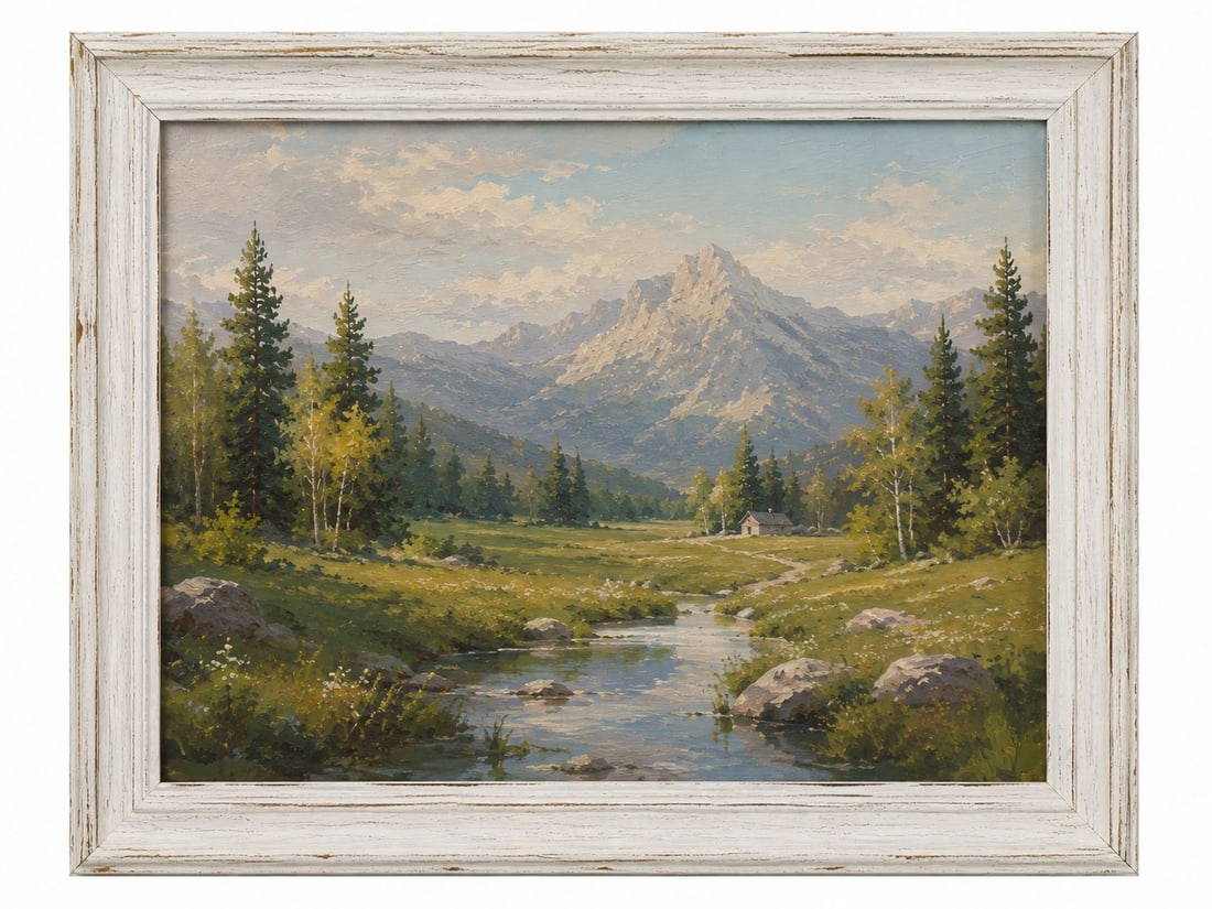 OIL PAINTING landscape Framed Snow-capped mountain: Dimension: 15.5x19.5 inch, please note Due to manual measurement, dimensions may vary. Condition: Good used condition, please note buyers are obligated to come to the site to inspect the condition