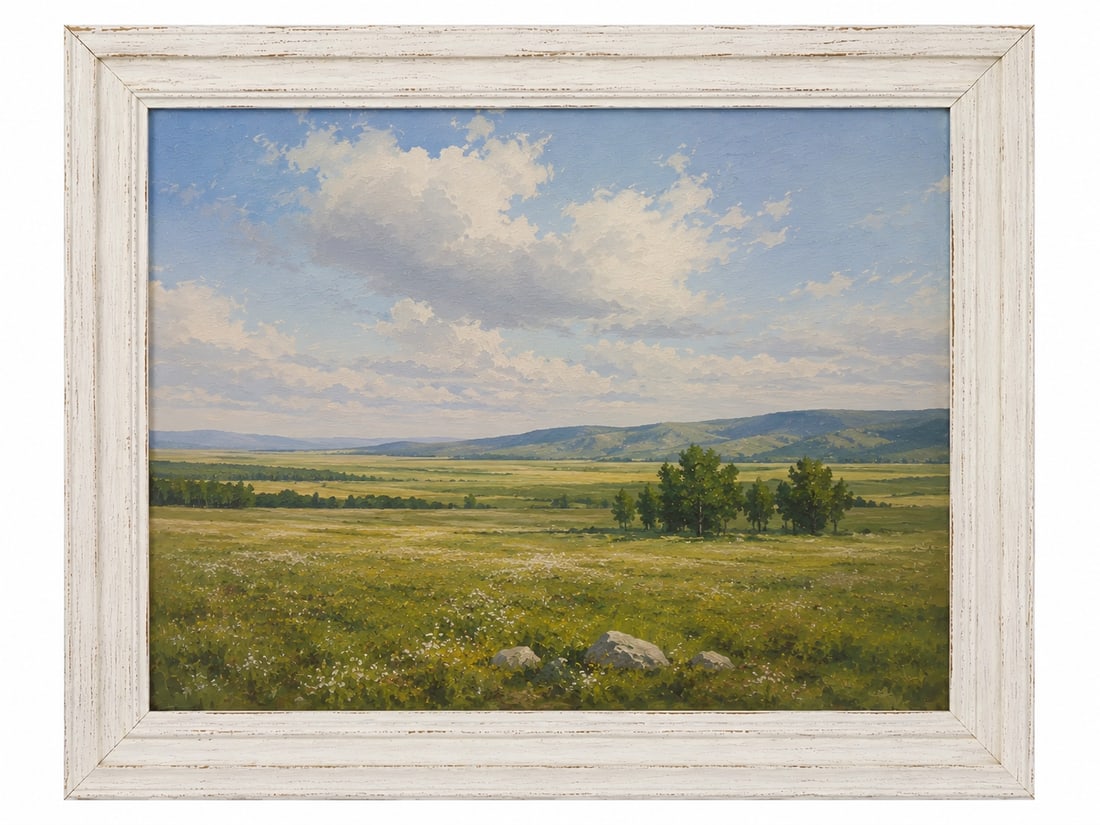 Vintage OIL PAINTING grassland Framed: Dimension: 15x21 inch, please note Due to manual measurement, dimensions may vary. Condition: Good used condition, please note buyers are obligated to come to the site to inspect the condition and det