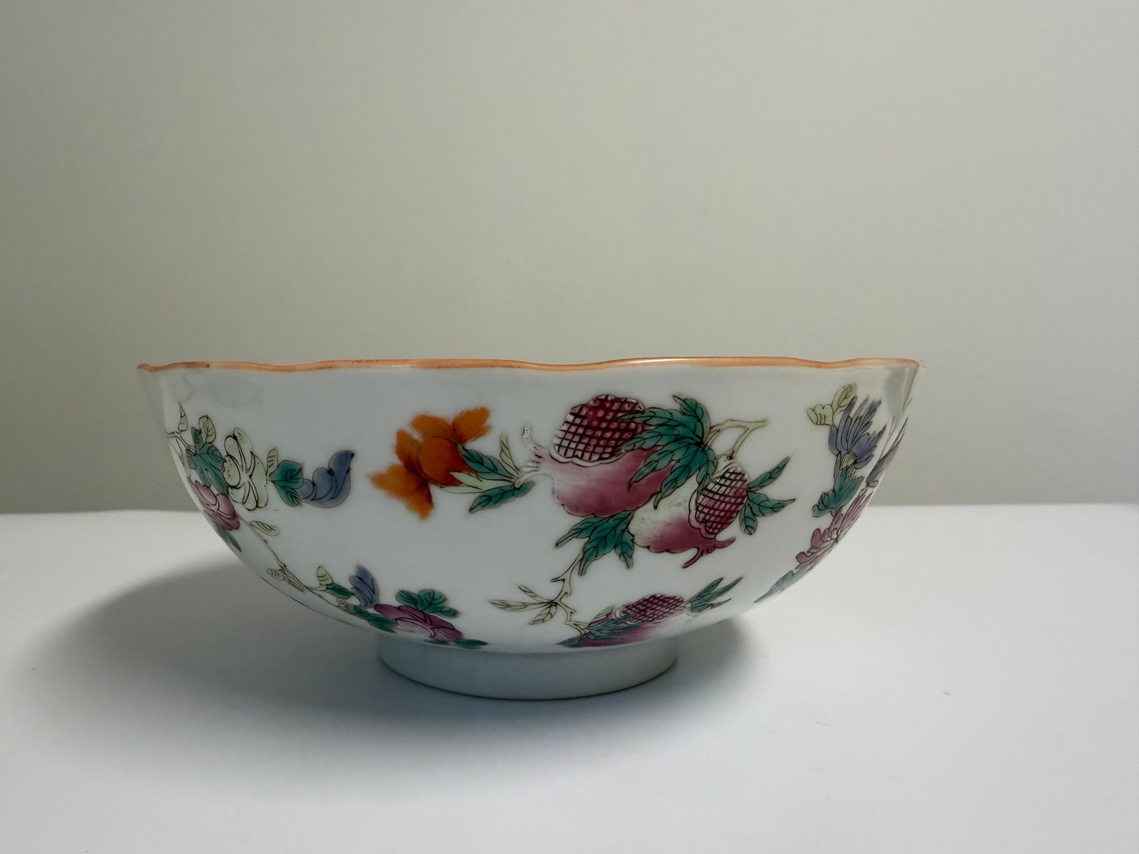 Chinese Enameled famille rose fruits and insects porcelain China bowl: Dimension: 6.3 inch, please note Due to manual measurement, dimensions may vary. Condition: Good used condition, please note buyers are obligated to come to the site to inspect the condition and