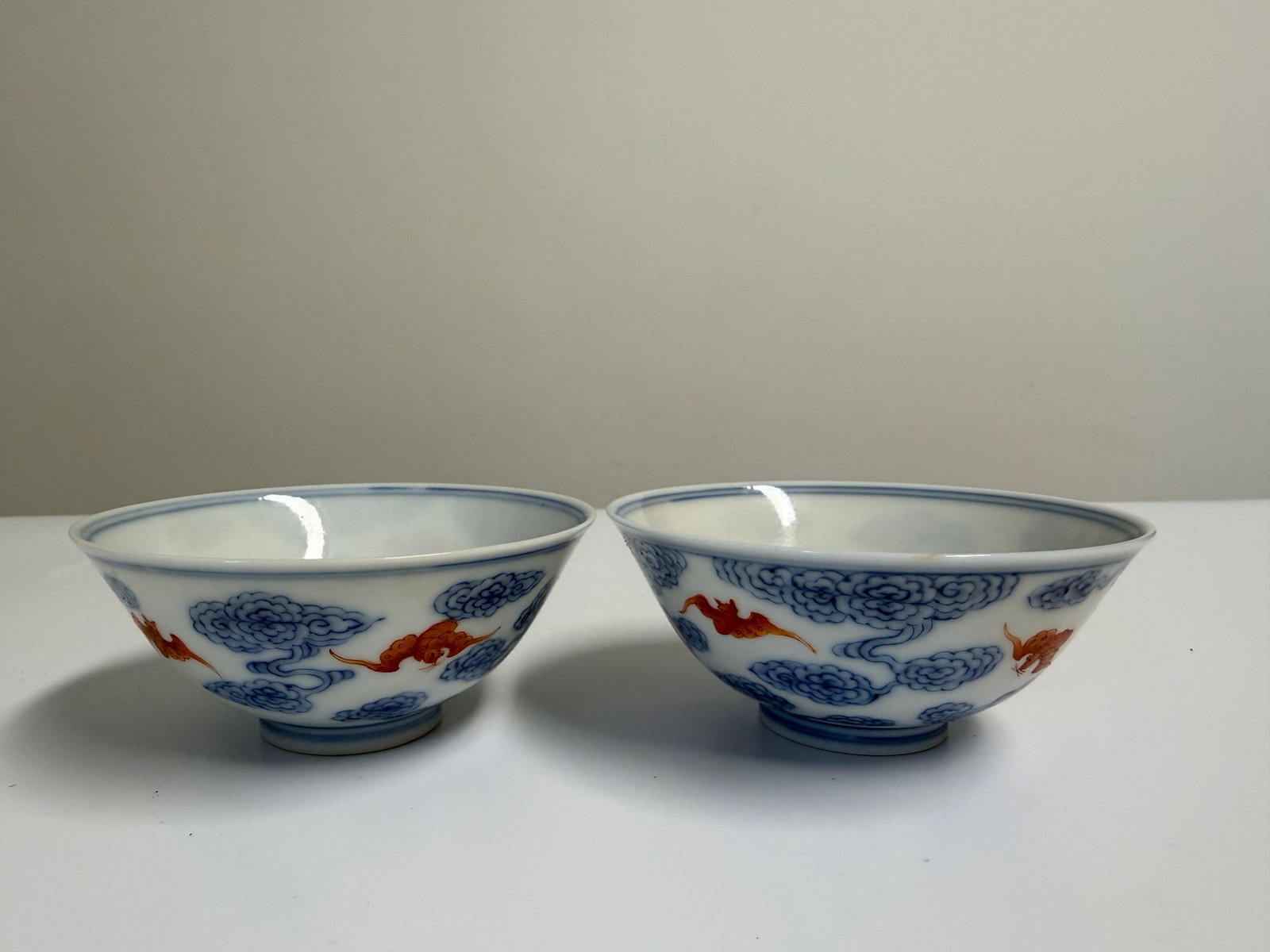 Pair of Chinese blue and white Enameled famille rose red bats porcelain China bowls: Dimension: 3.5 inch, please note Due to manual measurement, dimensions may vary. Condition: Good used condition, please note buyers are obligated to come to the site to inspect the condition and