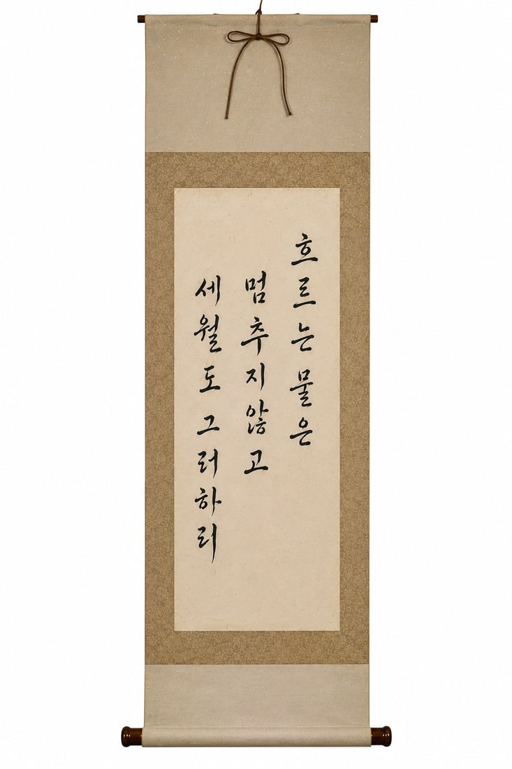 Korean Calligraphy LONG SCROLL: Dimension: 38x12.5 inch, please note Due to manual measurement, dimensions may vary. Condition: Good used condition, please note buyers are obligated to come to the site to inspect the condition and