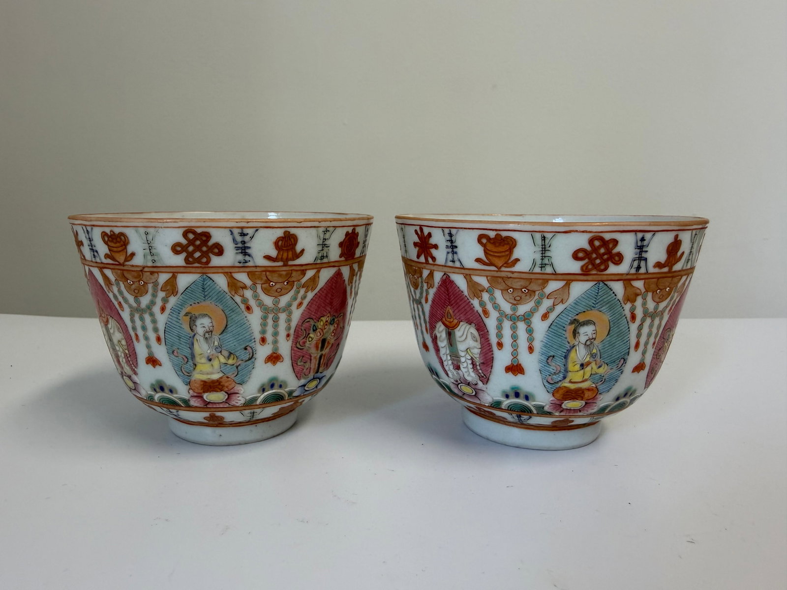 Pair of Chinese Enameled famille rose figures Buddhism porcelain China bowls red mark: Dimension: width 3.1 inch, please note Due to manual measurement, dimensions may vary. Condition: Good used condition, please note buyers are obligated to come to the site to inspect the condition