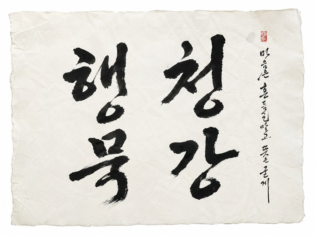 Unmounted Korean calligraphy 63#: Dimension: 26 inch, please note Due to manual measurement, dimensions may vary. Condition: Good used condition, please note buyers are obligated to come to the site to inspect the condition and