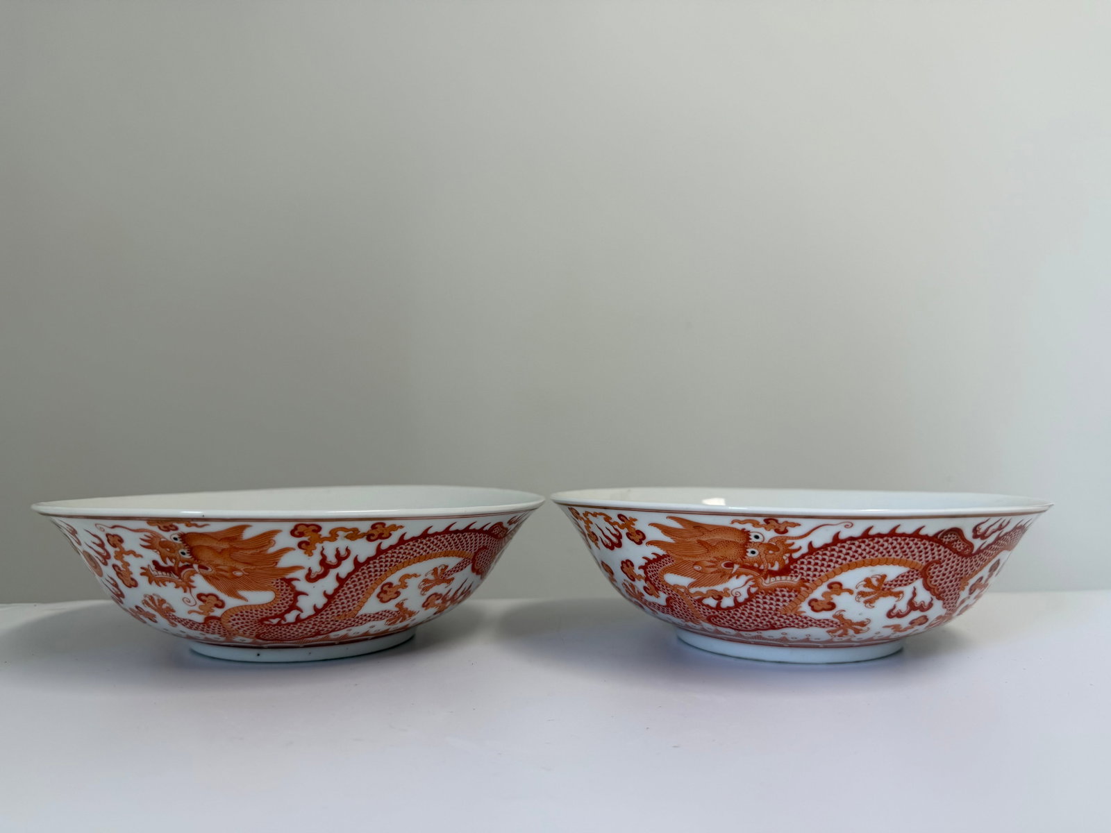 Pair of Chinese Enameled famille rose red dragons porcelain China bowls mark (1 of 11)