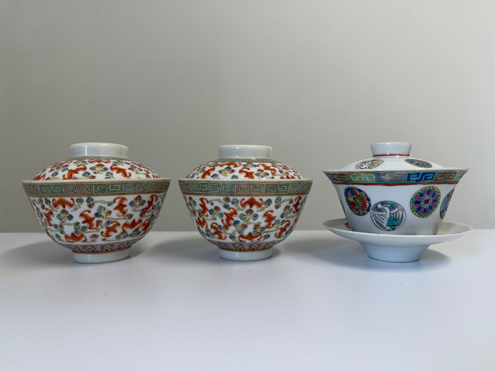 Set of 3 Chinese Enameled famille rose bats and pattern porcelain China cups mark: Dimension: 4.3 inch, please note Due to manual measurement, dimensions may vary. Condition: Good used condition, please note buyers are obligated to come to the site to inspect the condition and detai