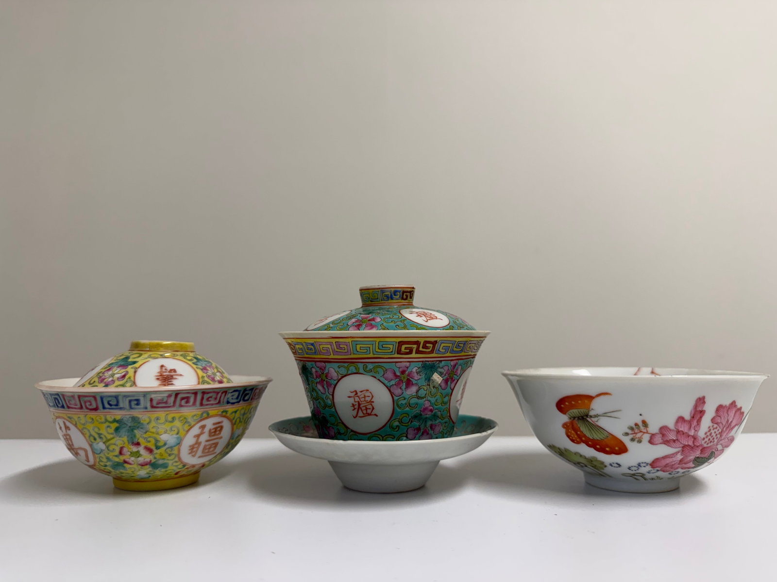 Set of 3 Chinese Enameled famille rose porcelain China bowls: Dimension: 4.6 inch, please note Due to manual measurement, dimensions may vary. , please note buyers are obligated to come to the site to inspect the condition and details of the item. condition