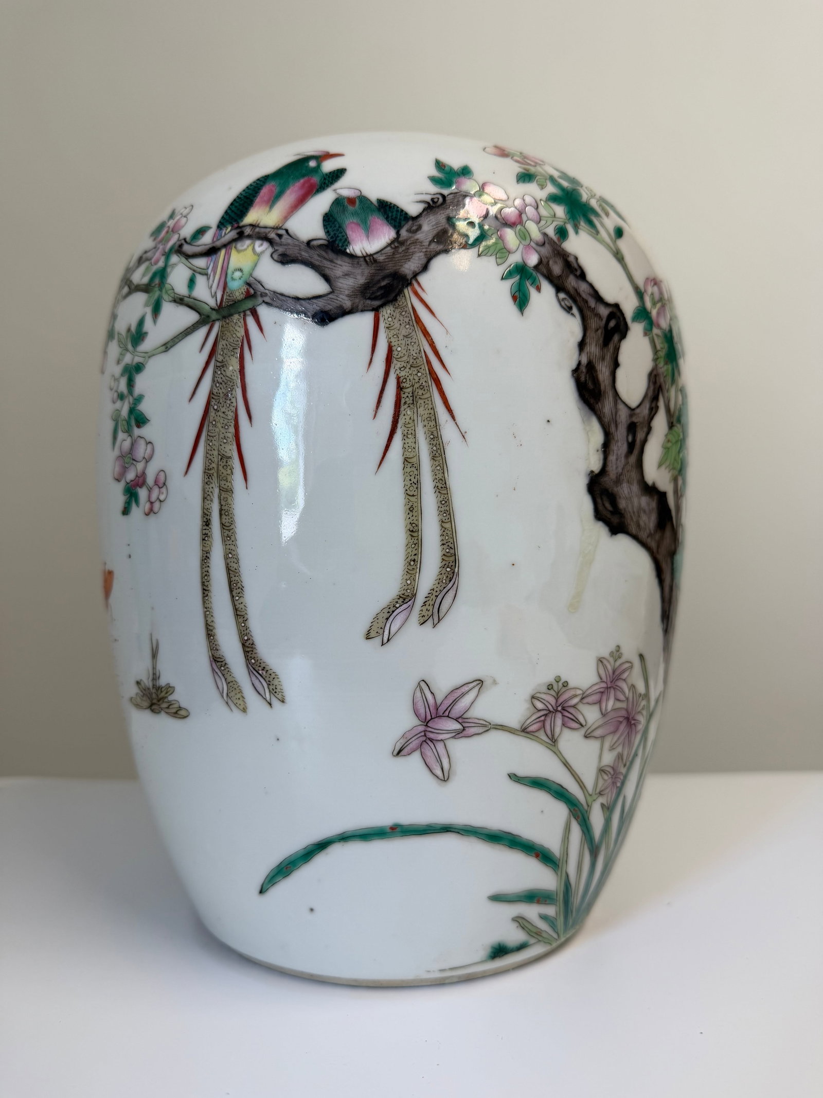 Chinese Enameled famille rose birds porcelain China jar: Dimension: 11.2 inch, please note Due to manual measurement, dimensions may vary. , please note buyers are obligated to come to the site to inspect the condition and details of the item. condition