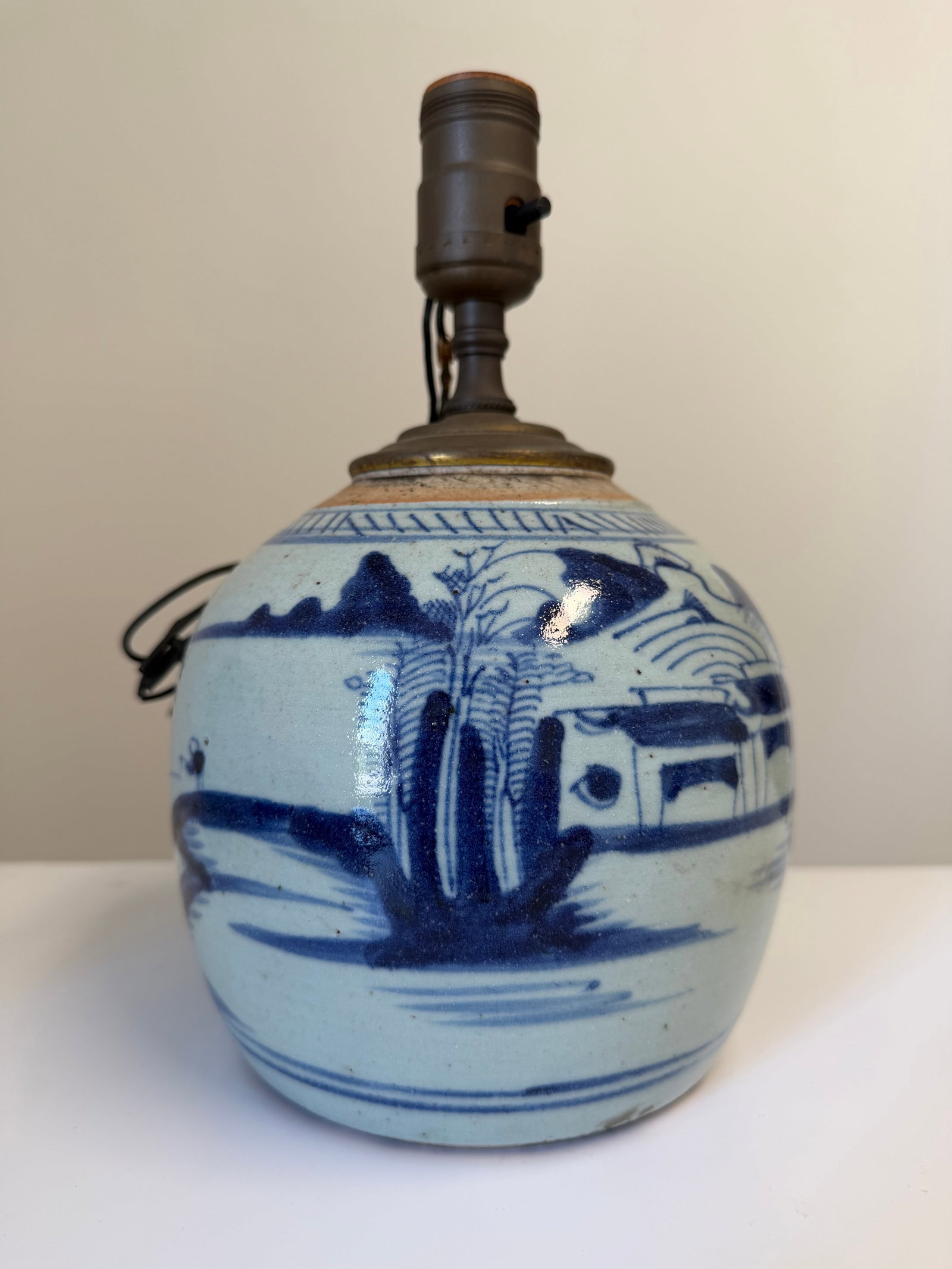 Chinese blue and white landscape porcelain China jar lamp: Dimension: 8 inch, please note Due to manual measurement, dimensions may vary. , please note buyers are obligated to come to the site to inspect the condition and details of the item. condition report