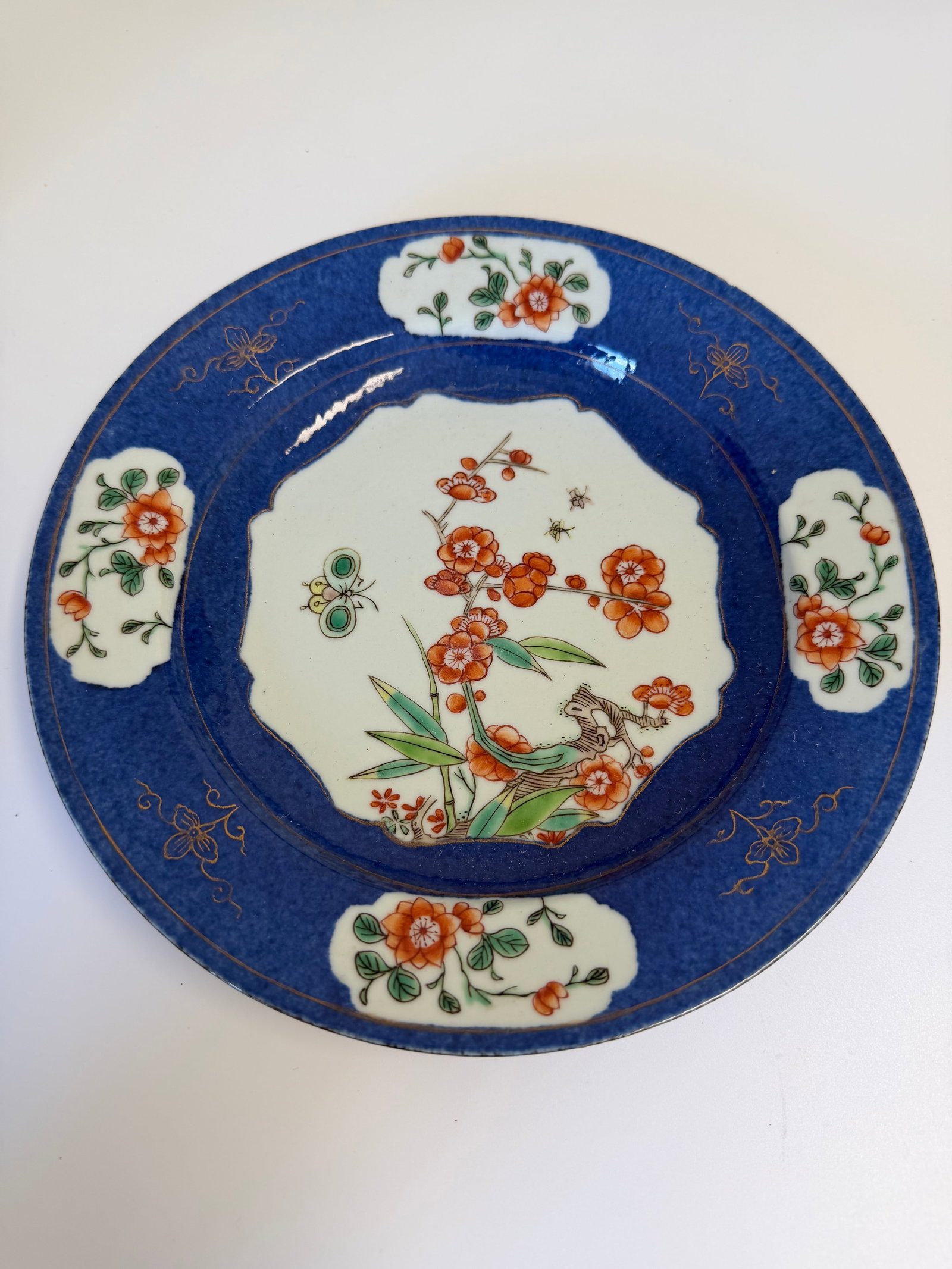 Chinese export blue glazed Enameled famille rose flowers porcelain China plate: Dimension: 8.7 inch, please note Due to manual measurement, dimensions may vary. , please note buyers are obligated to come to the site to inspect the condition and details of the item. condition repo