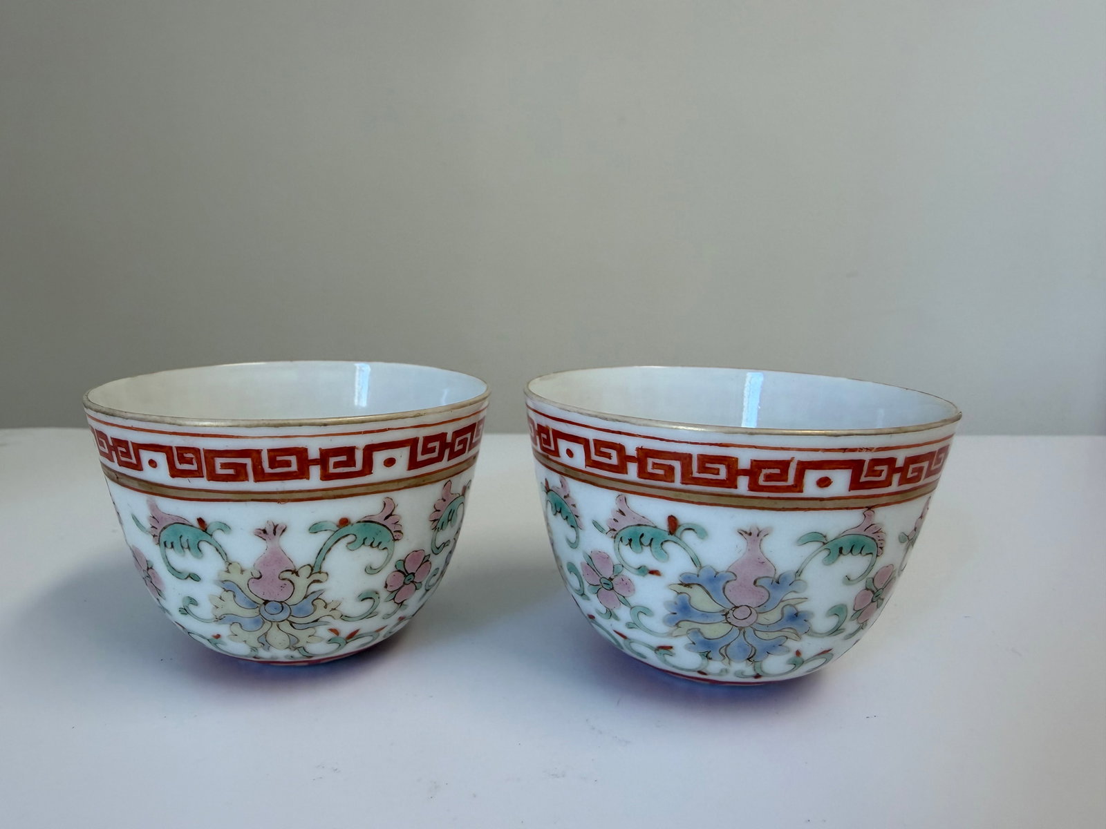 Pair of Chinese Enameled famille rose flowers porcelain China cups: Dimension: inch, please note Due to manual measurement, dimensions may vary. , please note buyers are obligated to come to the site to inspect the condition and details of the item. condition report, 