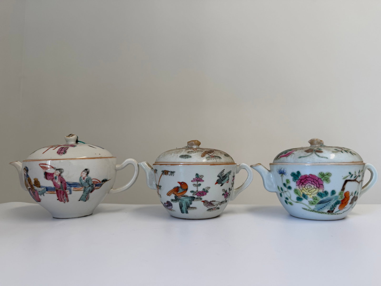 Set of 3 Chinese Enameled famille rose porcelain China teapots mark (1 of 7)